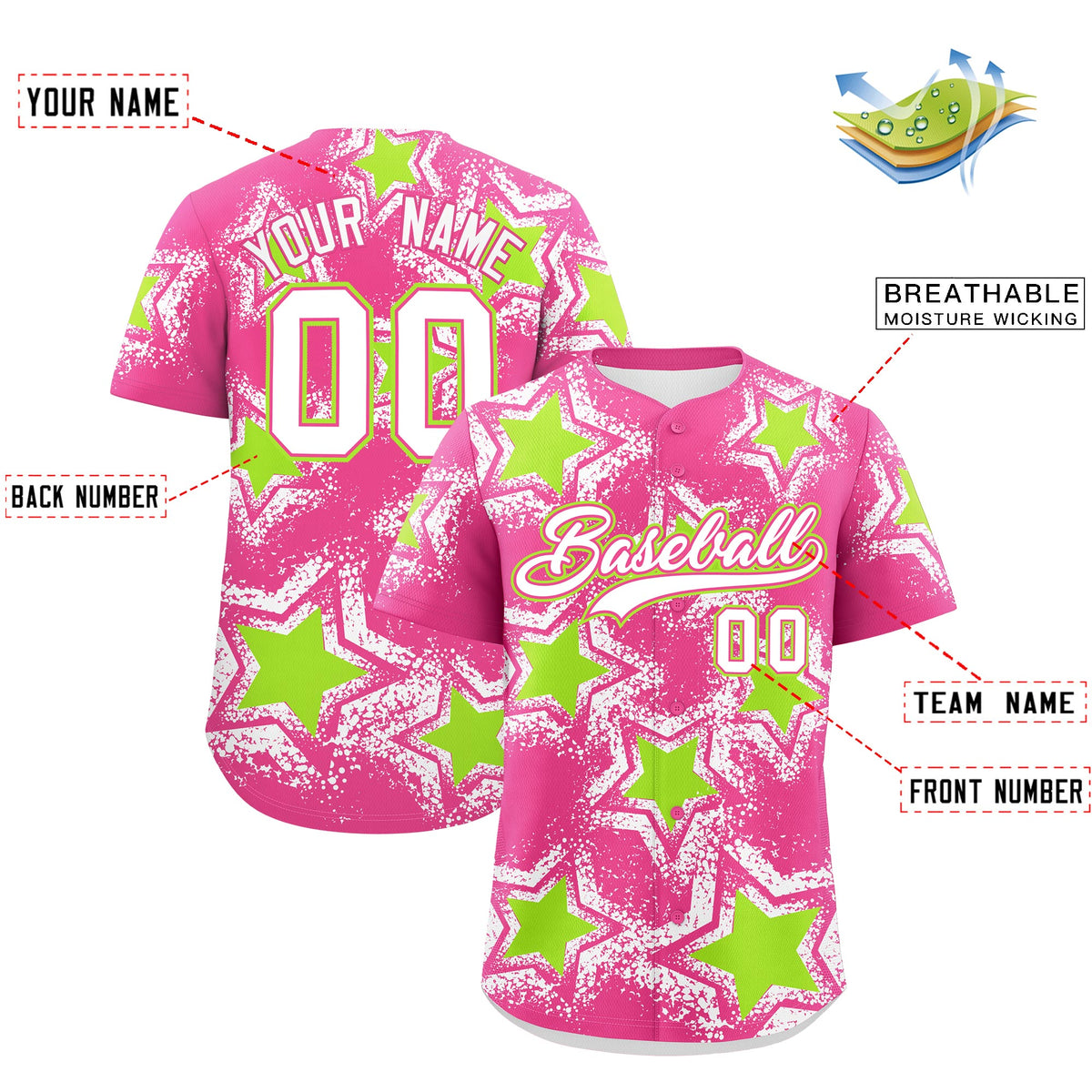 Custom Pink White Neon Green Star Graffiti Team Baseball Jerseys With Custom Names, Numbers &amp; Logos Lightweight Baseball Jersey| KXKSHOP