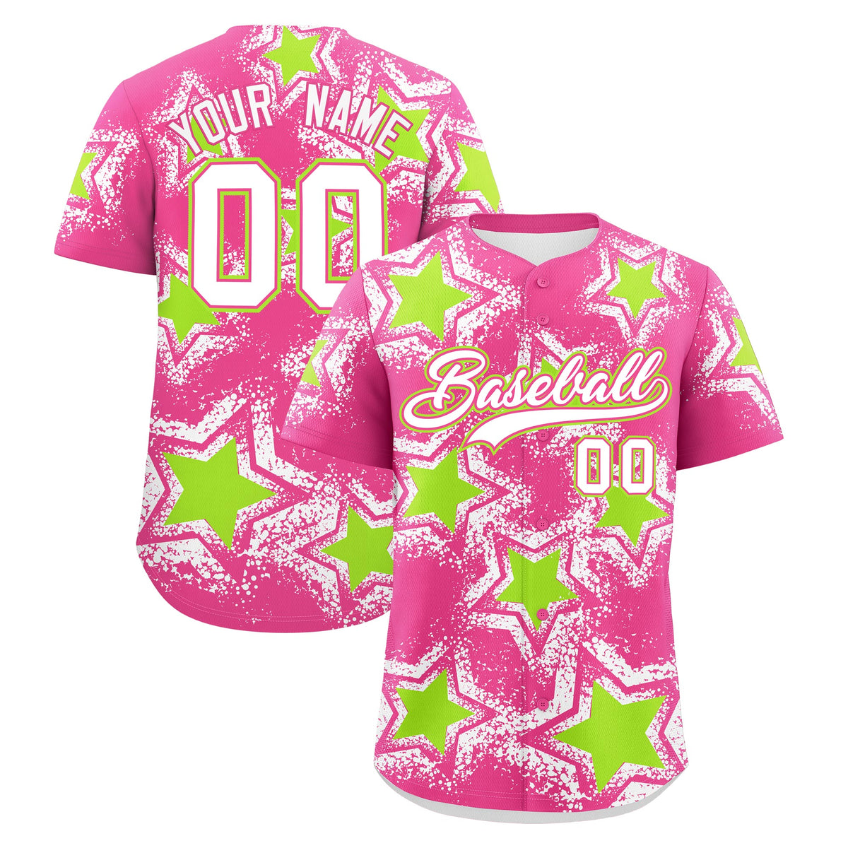 Custom Pink White Neon Green Star Graffiti Team Baseball Jerseys With Custom Names, Numbers &amp; Logos Lightweight Baseball Jersey| KXKSHOP