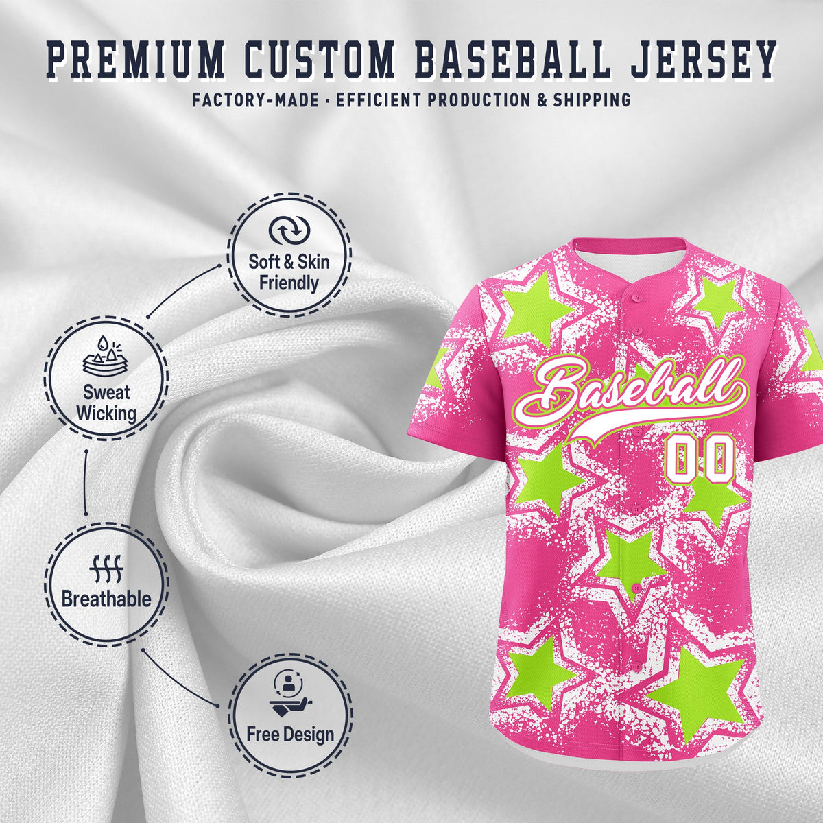 Custom Pink White Neon Green Star Graffiti Team Baseball Jerseys With Custom Names, Numbers &amp; Logos Lightweight Baseball Jersey| KXKSHOP