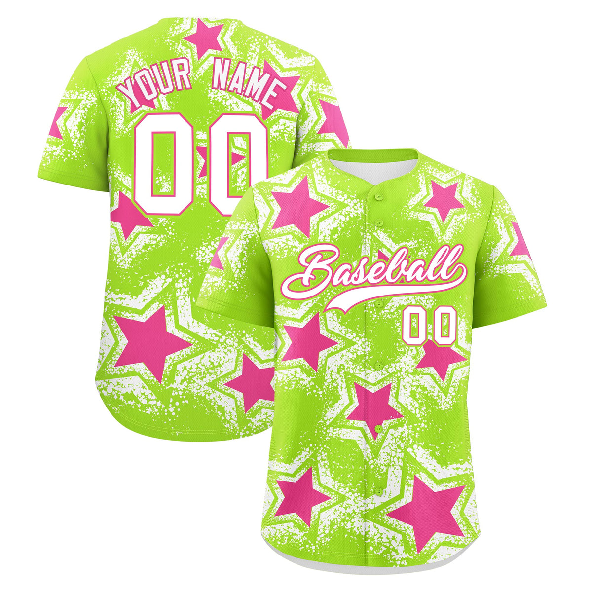 Custom Neon Green White Pink Star Graffiti Team Baseball Jerseys With Custom Names, Numbers &amp; Logos Stretch Fabric Baseball Jersey| KXKSHOP