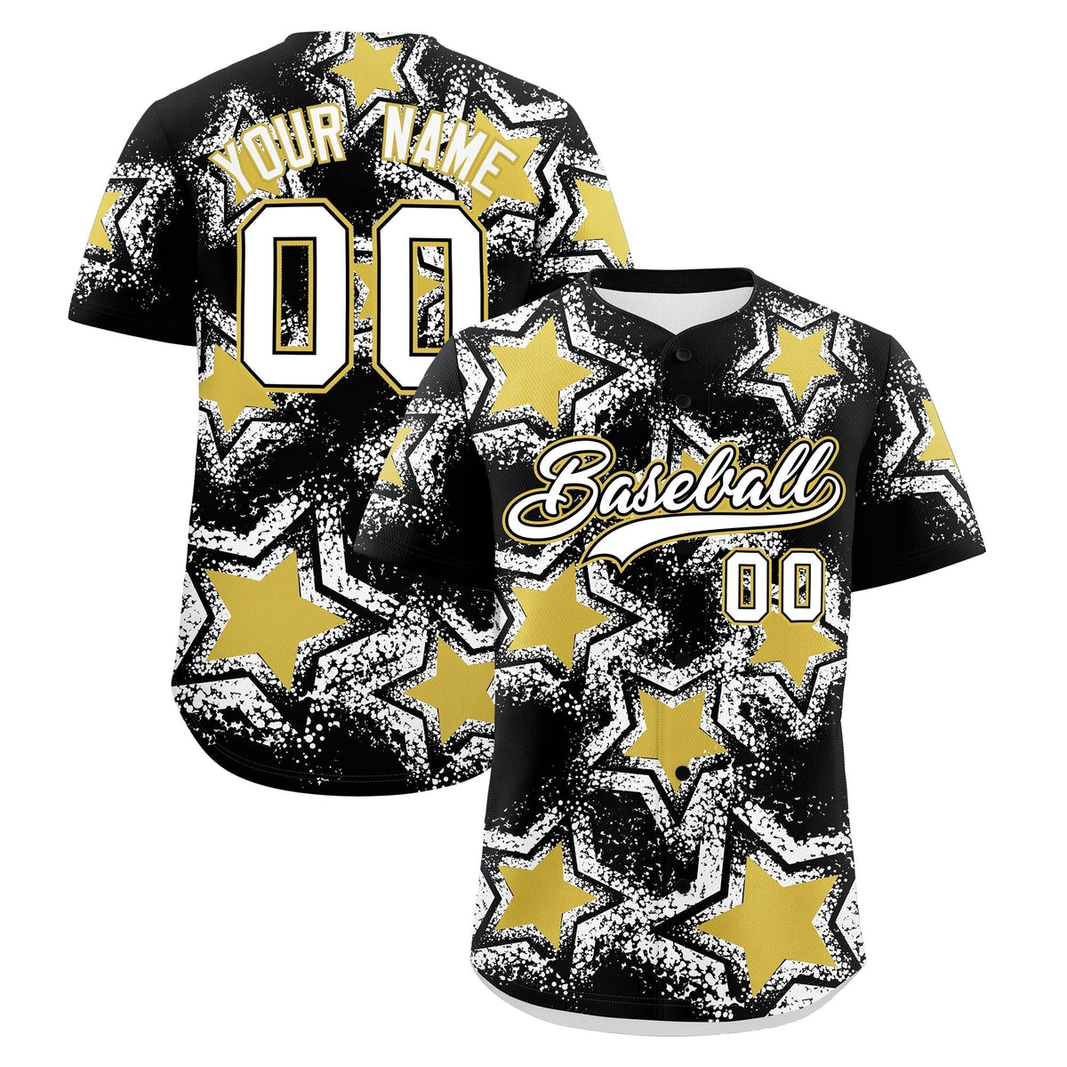 Custom Black White Old Gold Star Graffiti Team Baseball Jerseys With Custom Names, Numbers &amp; Logos Lightweight Baseball Jersey| KXKSHOP