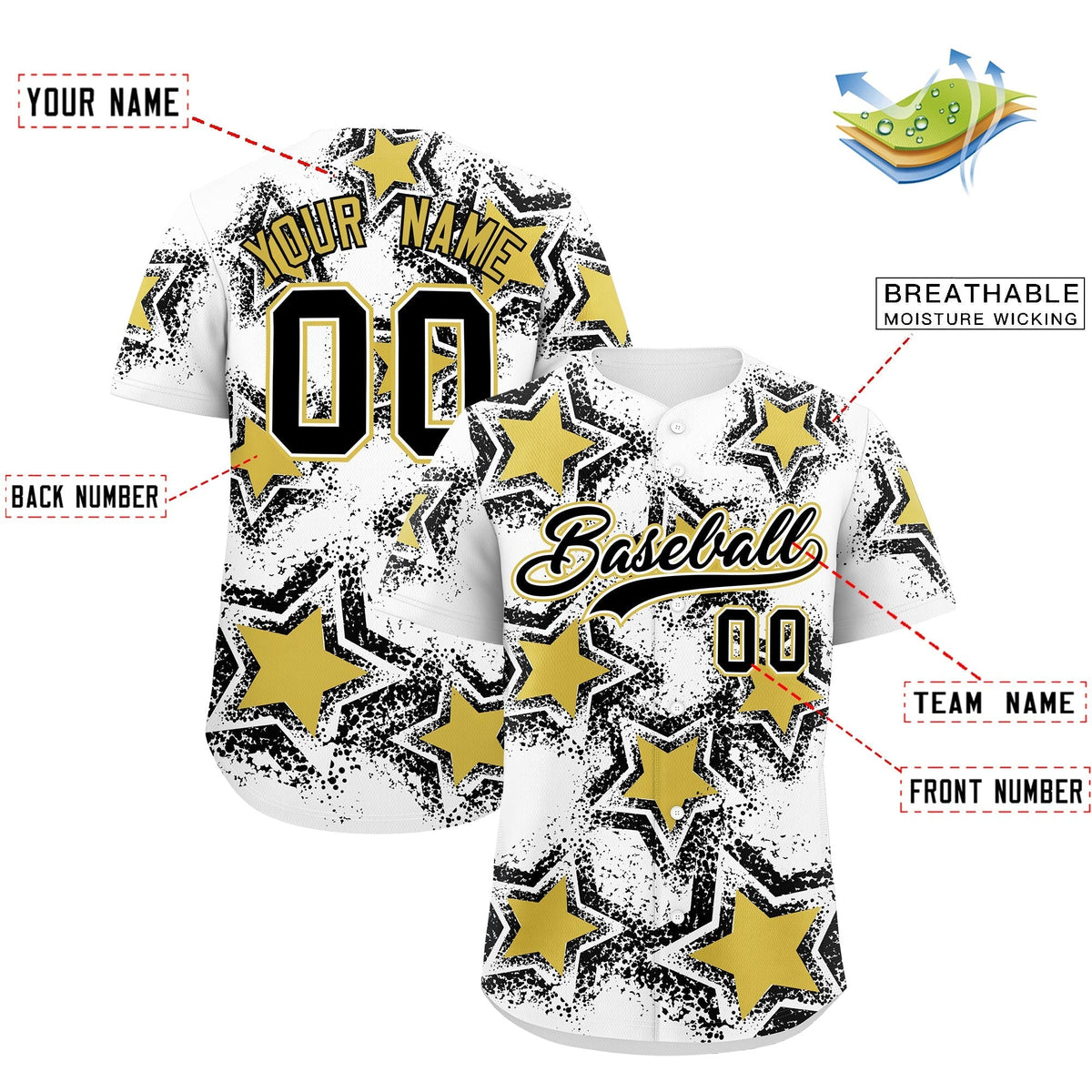 Custom White Black Old Gold Star Graffiti Team Baseball Jerseys With Custom Names, Numbers &amp; Logos Stretch Fabric Baseball Jersey| KXKSHOP