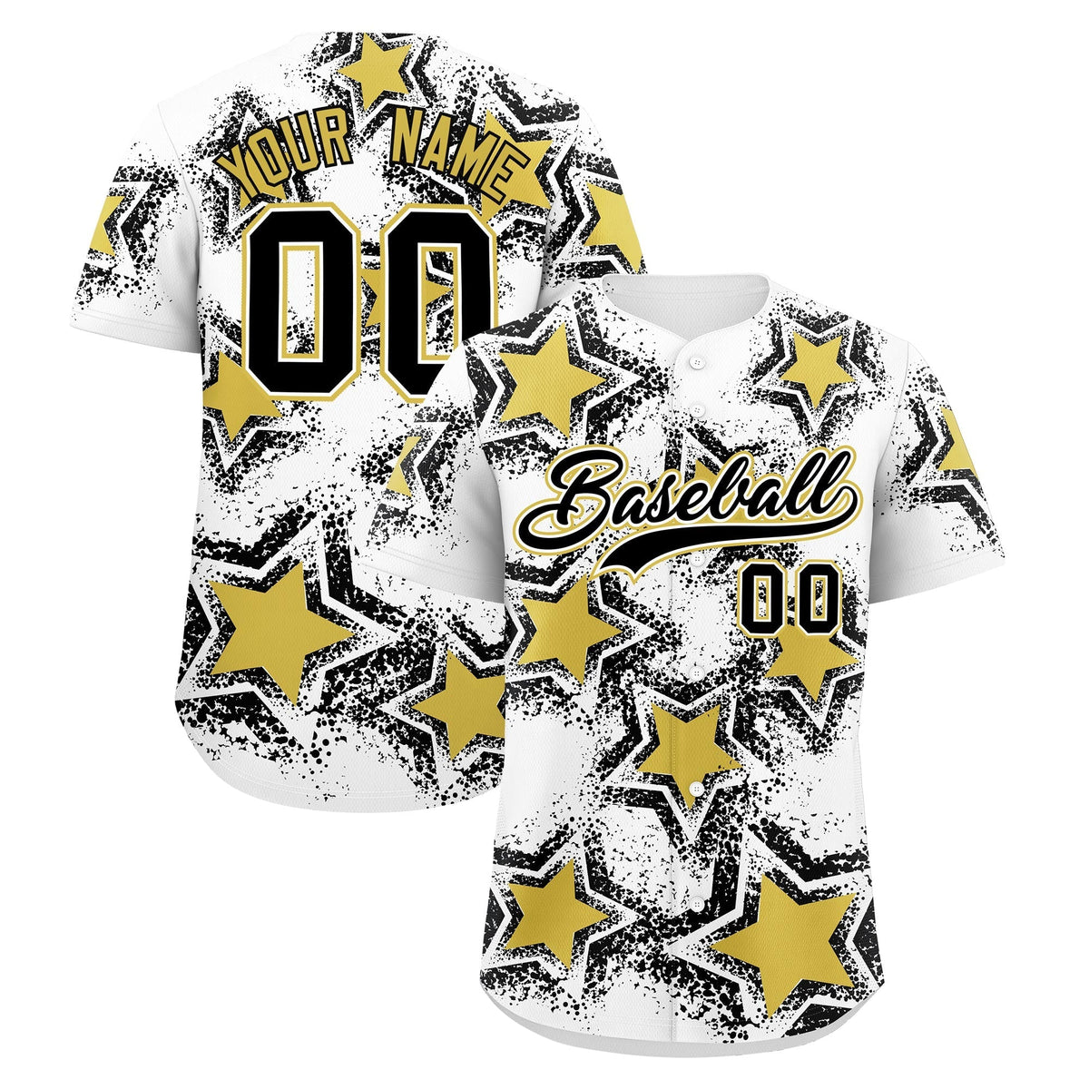 Custom White Black Old Gold Star Graffiti Team Baseball Jerseys With Custom Names, Numbers &amp; Logos Stretch Fabric Baseball Jersey| KXKSHOP