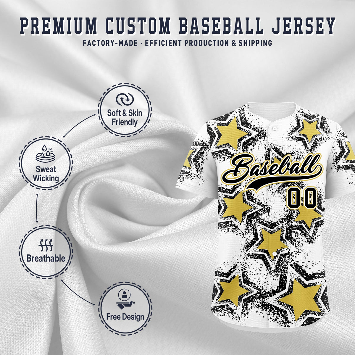 Custom White Black Old Gold Star Graffiti Team Baseball Jerseys With Custom Names, Numbers &amp; Logos Stretch Fabric Baseball Jersey| KXKSHOP