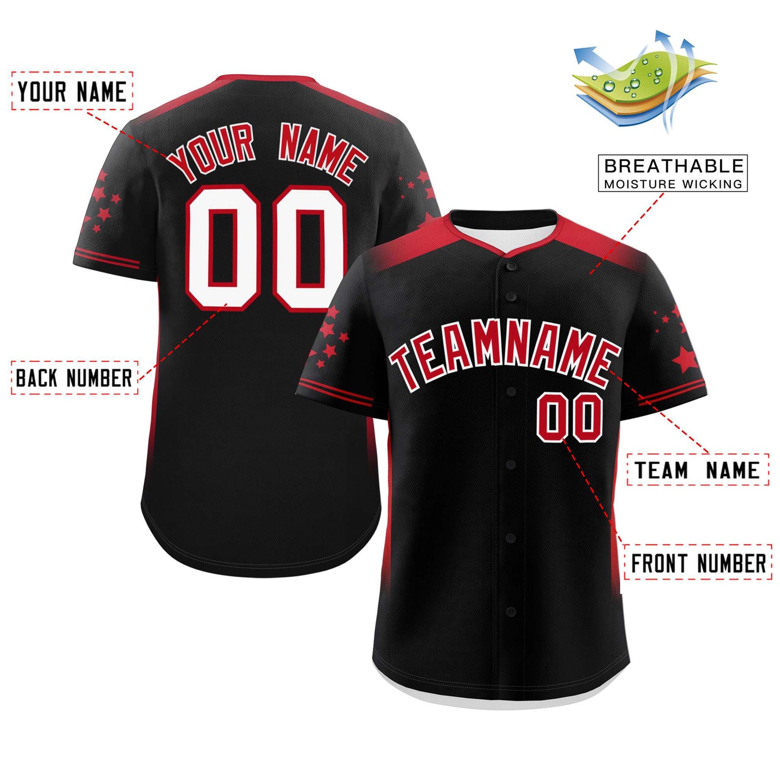 Custom Black Red Gradient Side Personalized Star Pattern Authentic Baseball Jersey
