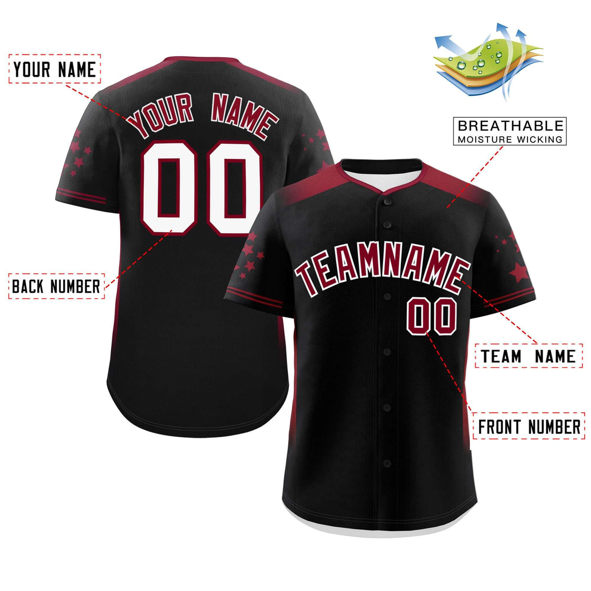 Custom Black Crimson Gradient Side Personalized Star Pattern Authentic Baseball Jersey