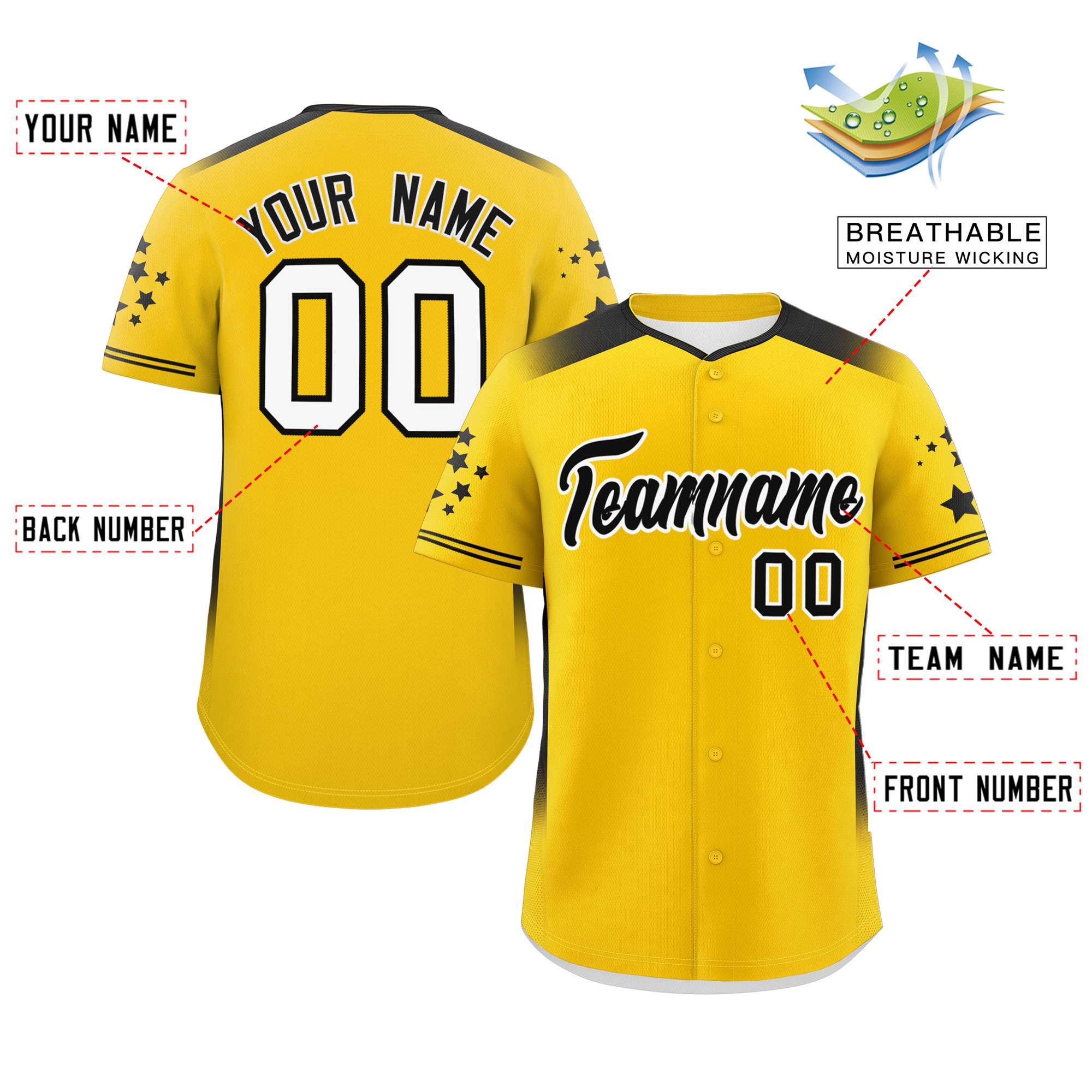 Custom Gold Black Gradient Side Personalized Star Pattern Authentic Baseball Jersey