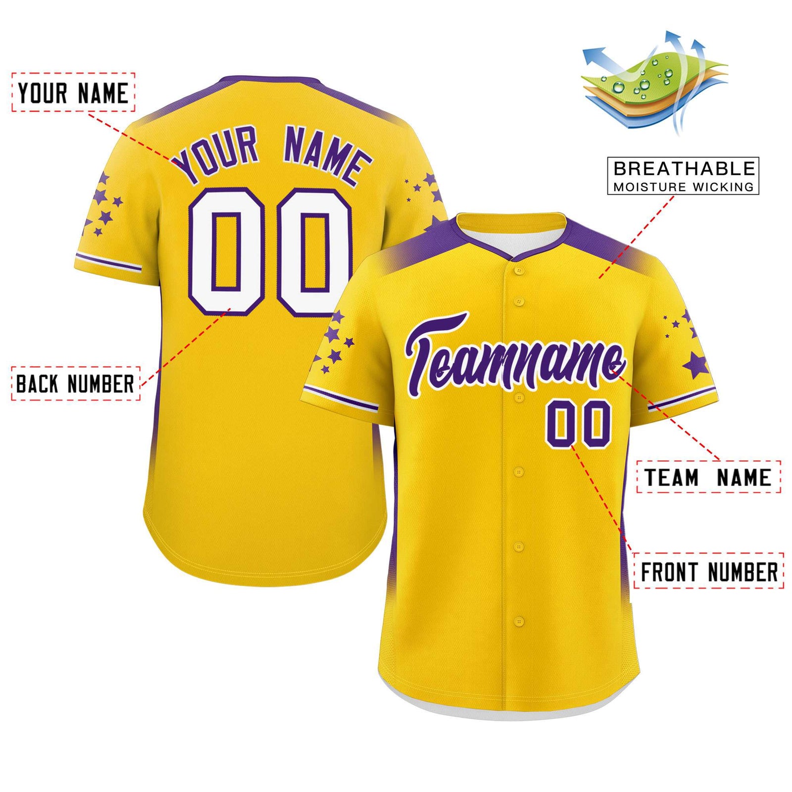 Custom Gold Purple Gradient Side Personalized Star Pattern Authentic Baseball Jersey
