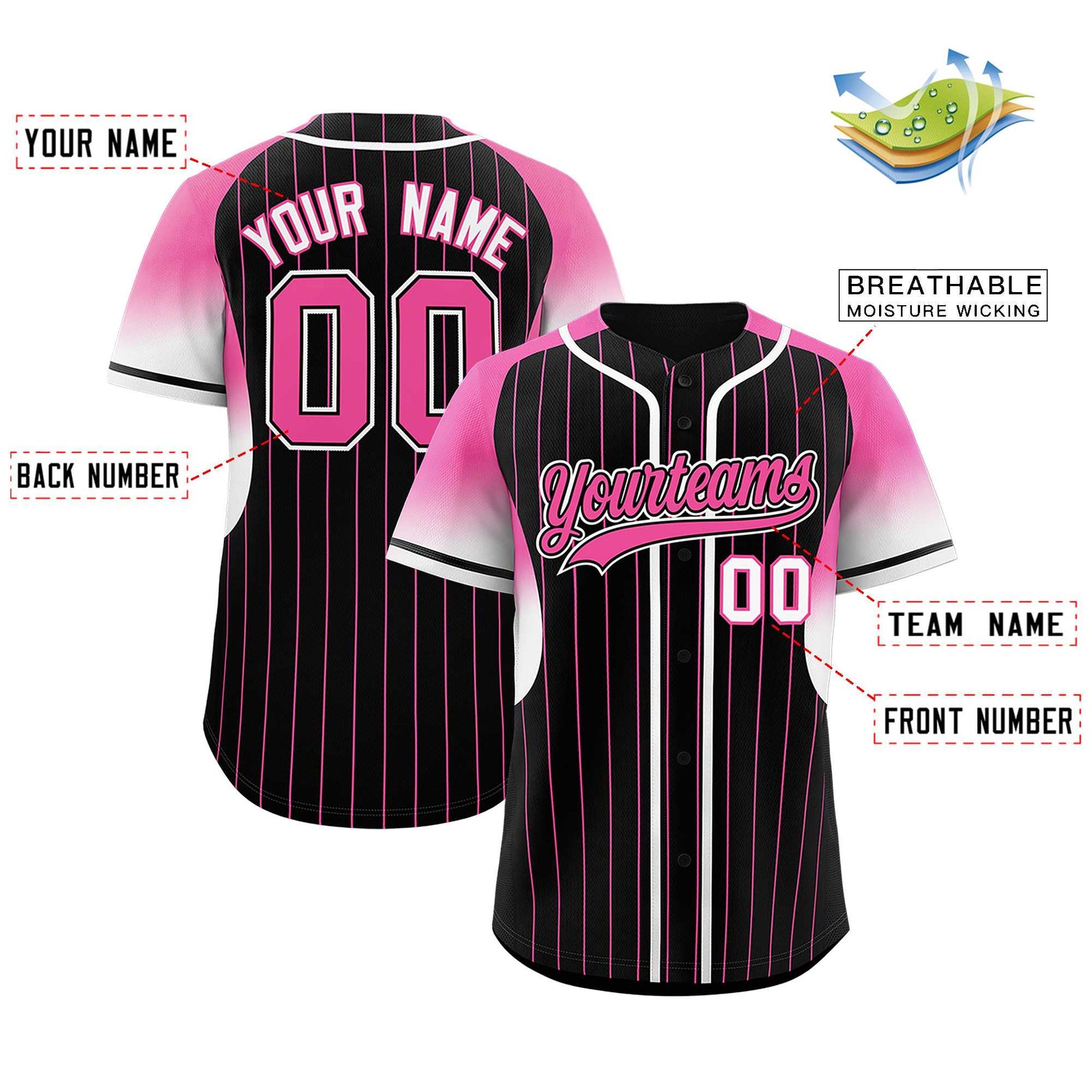 Custom Black Pink Stripe Fashion Sleeves Gradient Authentic Baseball Jersey