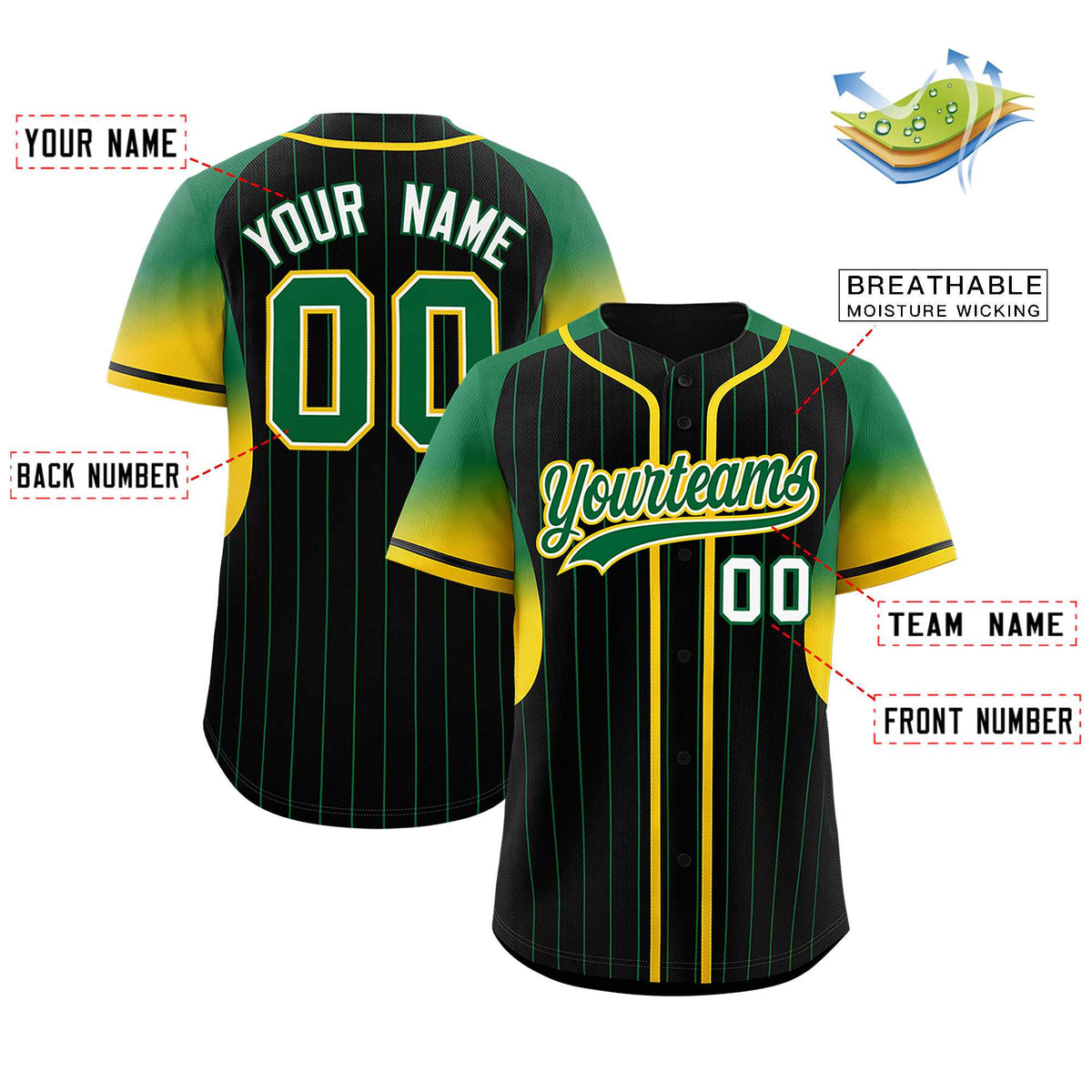 Custom Black Kelly Green Stripe Fashion Sleeves Gradient Authentic Baseball Jersey