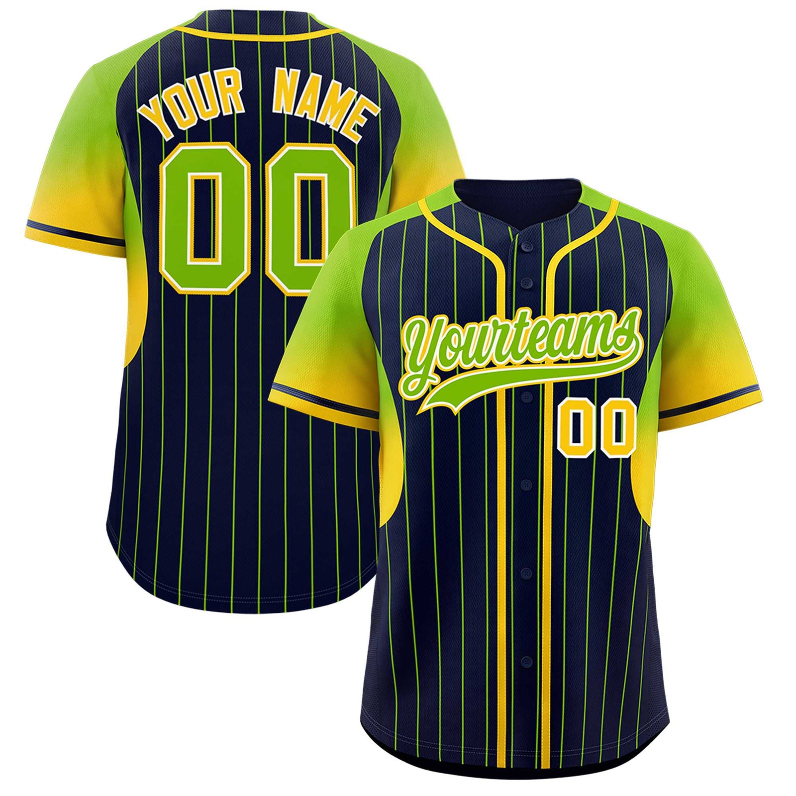 Custom Navy Neon Green Stripe Fashion Sleeves Gradient Authentic Baseball Jersey