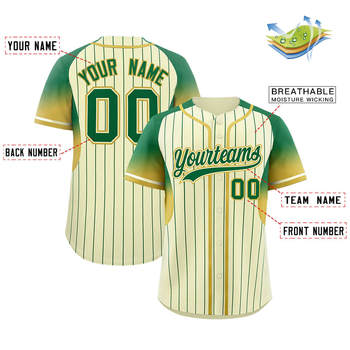 Custom Cream Kelly Green Stripe Fashion Sleeves Gradient Authentic Baseball Jersey