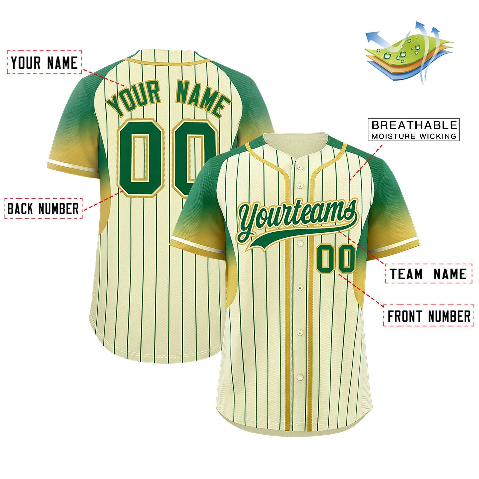 Custom Cream Kelly Green Stripe Fashion Sleeves Gradient Authentic Baseball Jersey