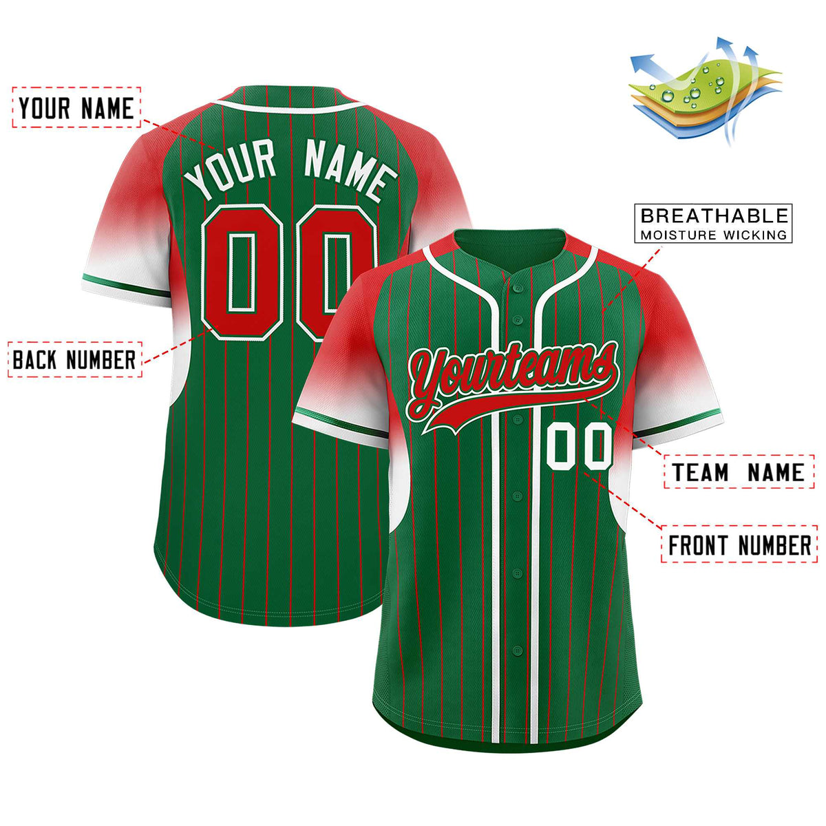 Custom Kelly Green Red Stripe Fashion Sleeves Gradient Authentic Baseball Jersey