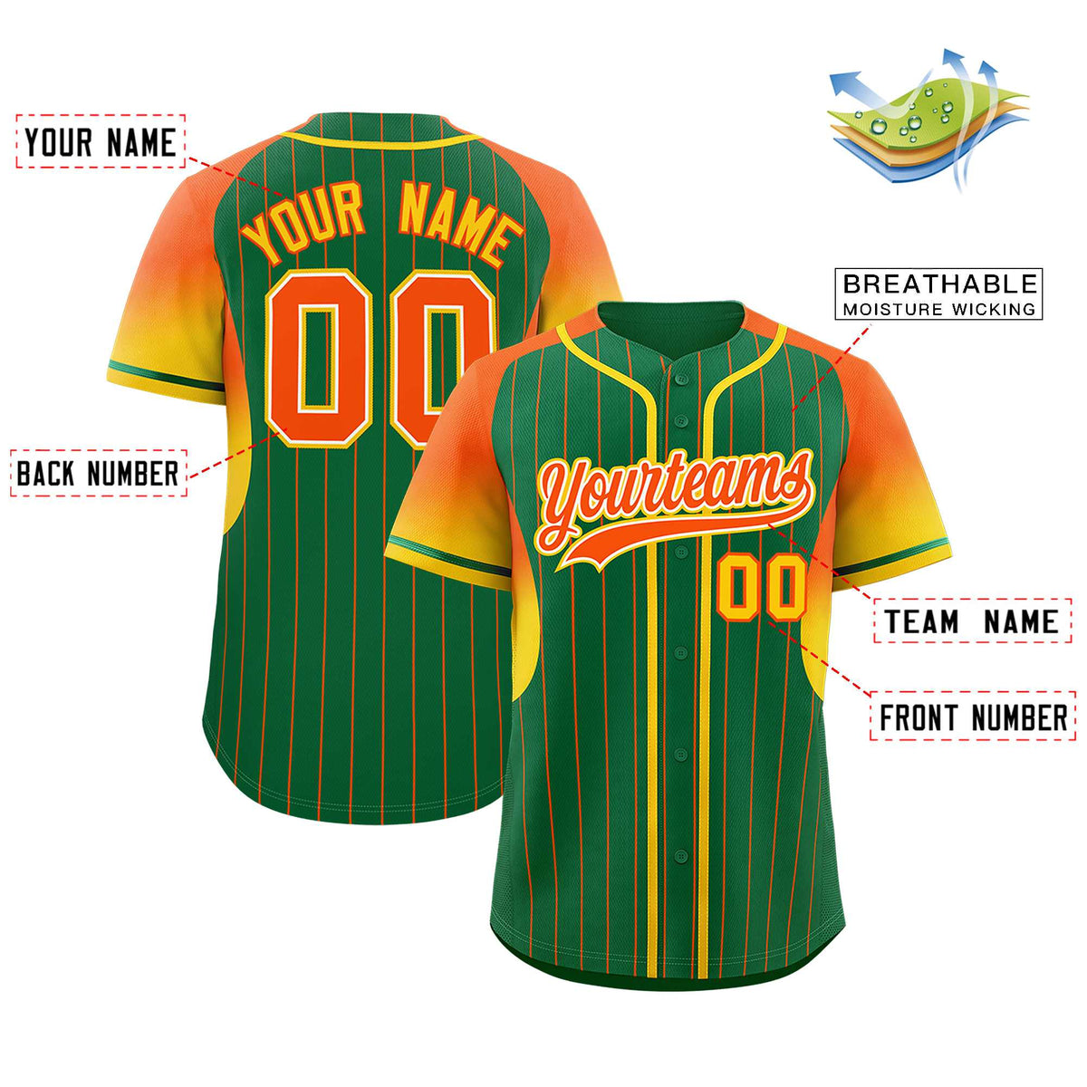 Custom Kelly Green Orange Stripe Fashion Sleeves Gradient Authentic Baseball Jersey