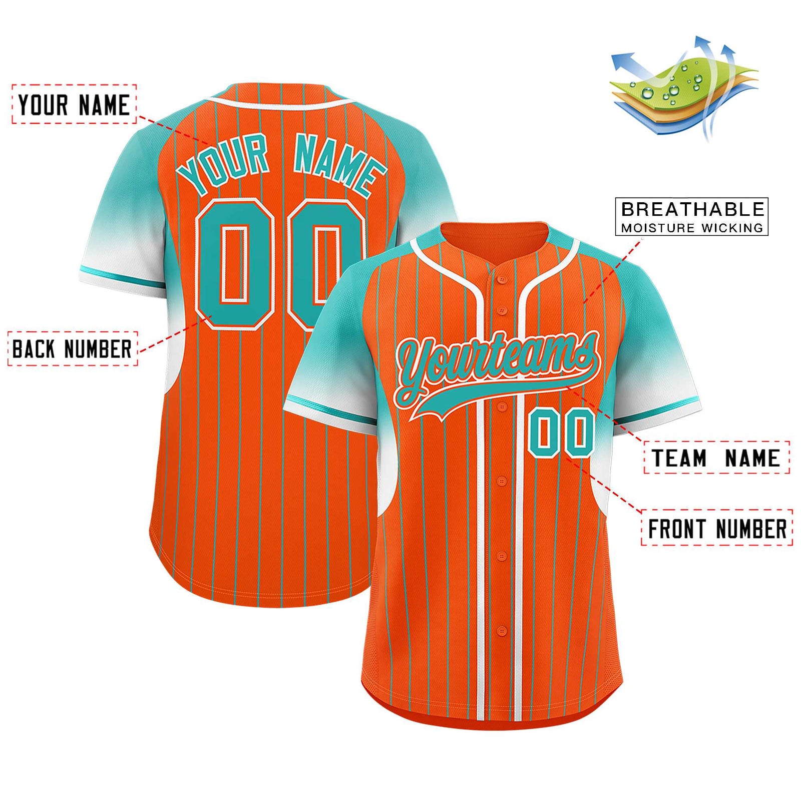 Custom Orange Aqua Stripe Fashion Sleeves Gradient Authentic Baseball Jersey