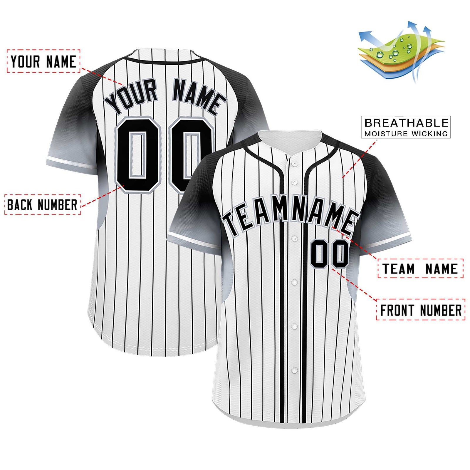 Custom White Black Stripe Fashion Sleeves Gradient Authentic Baseball Jersey