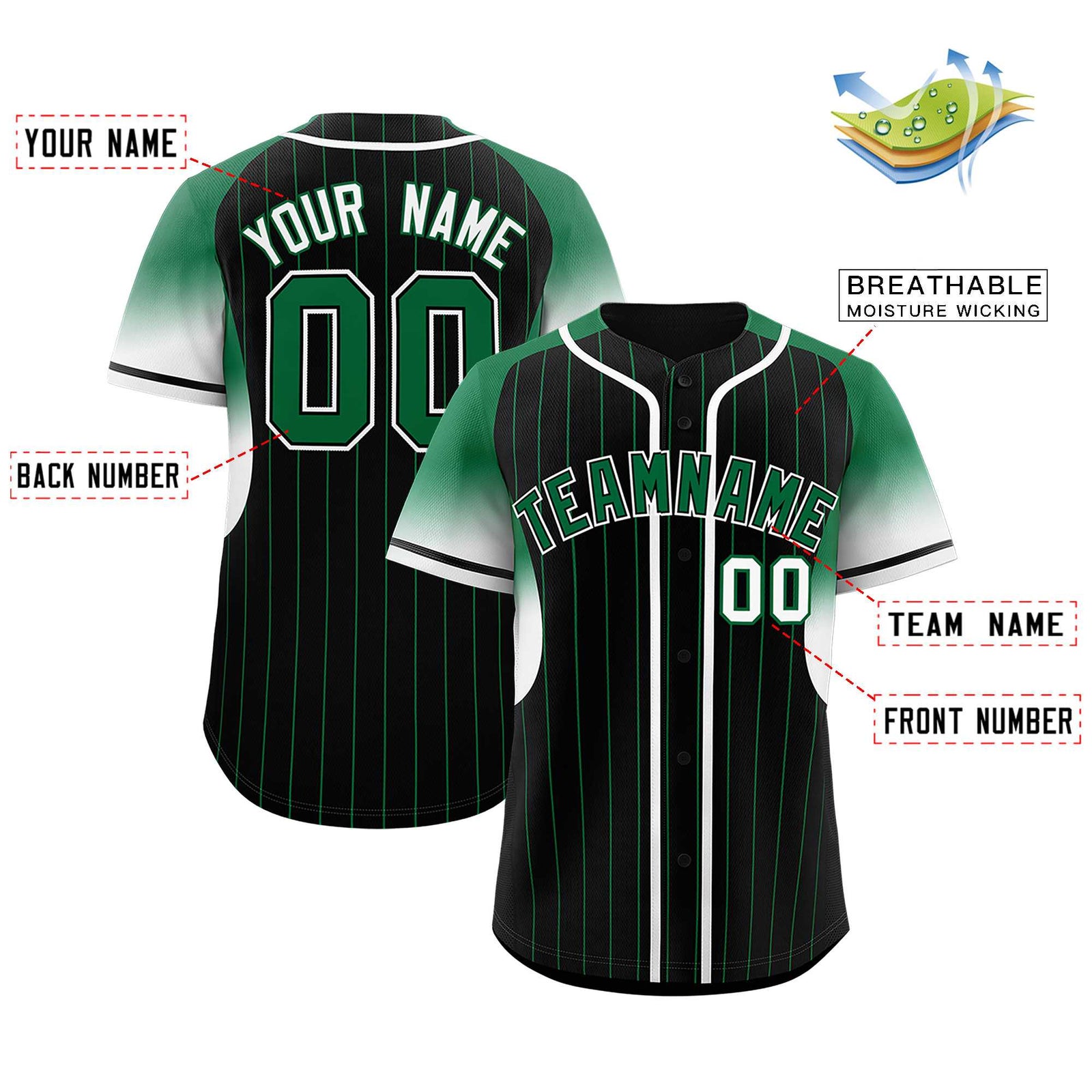 Custom Black Kelly Green Stripe Fashion Sleeves Gradient Authentic Baseball Jersey