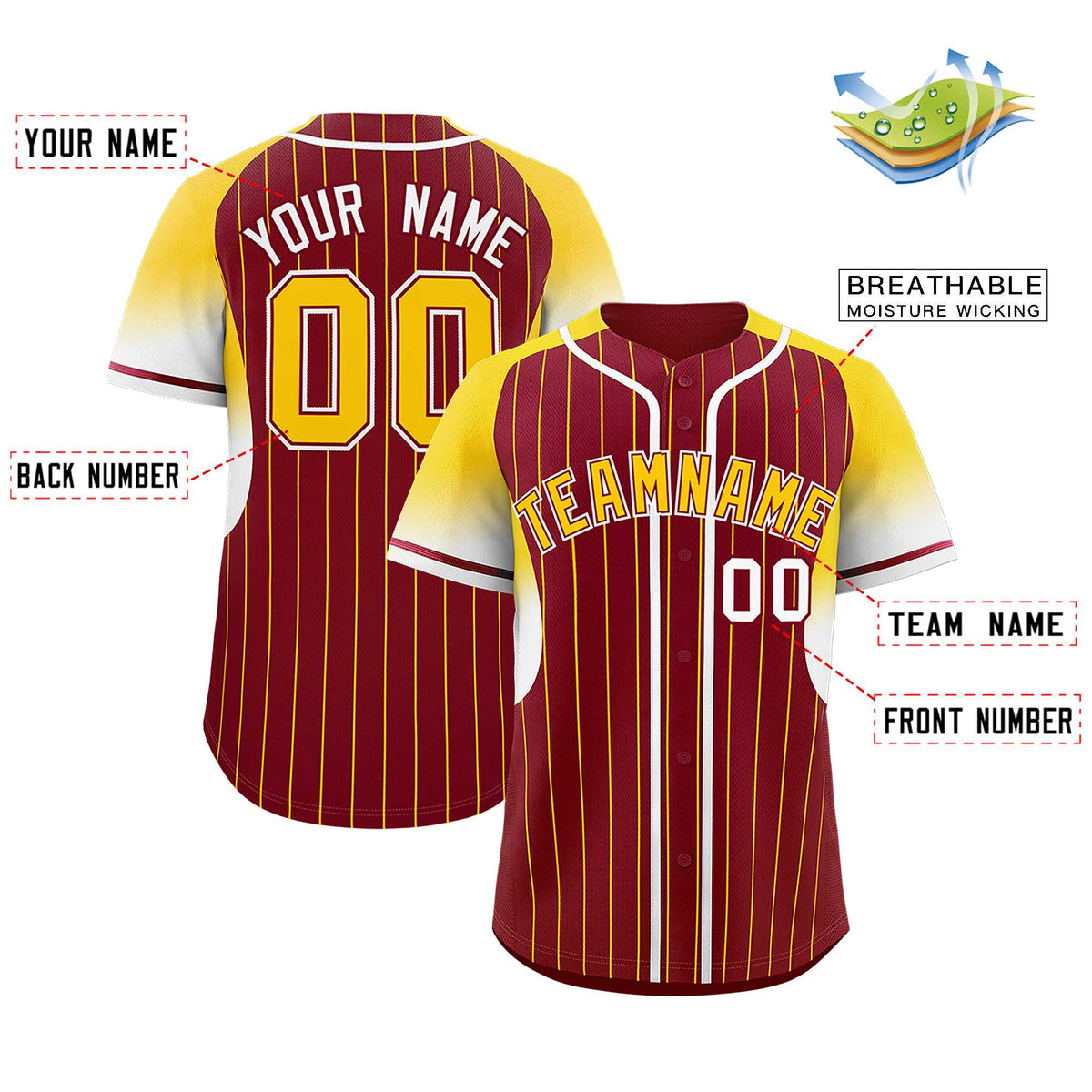 Custom Crimson Gold Stripe Fashion Sleeves Gradient Authentic Baseball Jersey