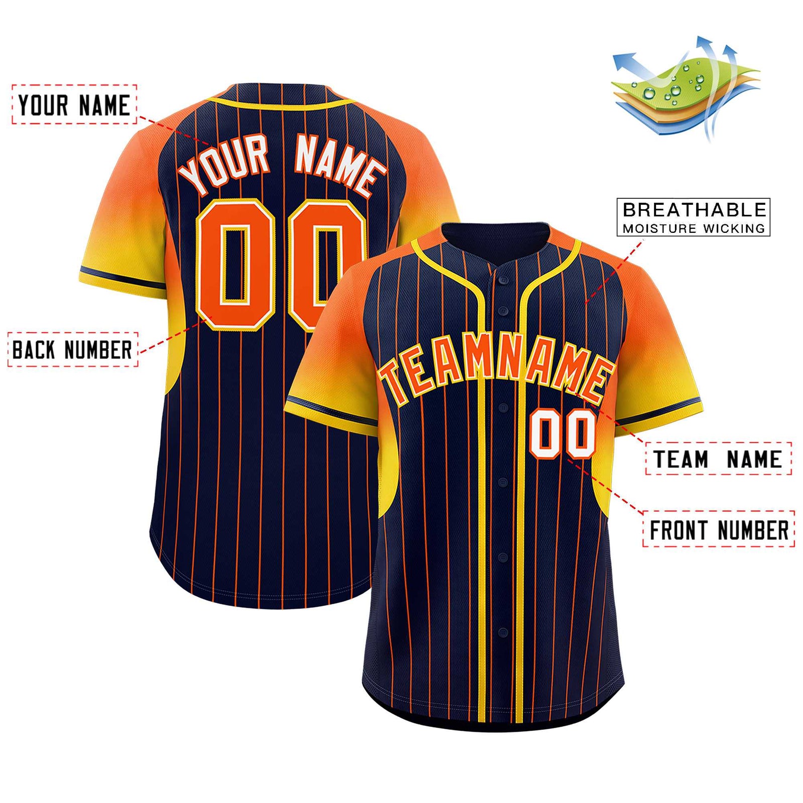 Custom Navy Orange Stripe Fashion Sleeves Gradient Authentic Baseball Jersey