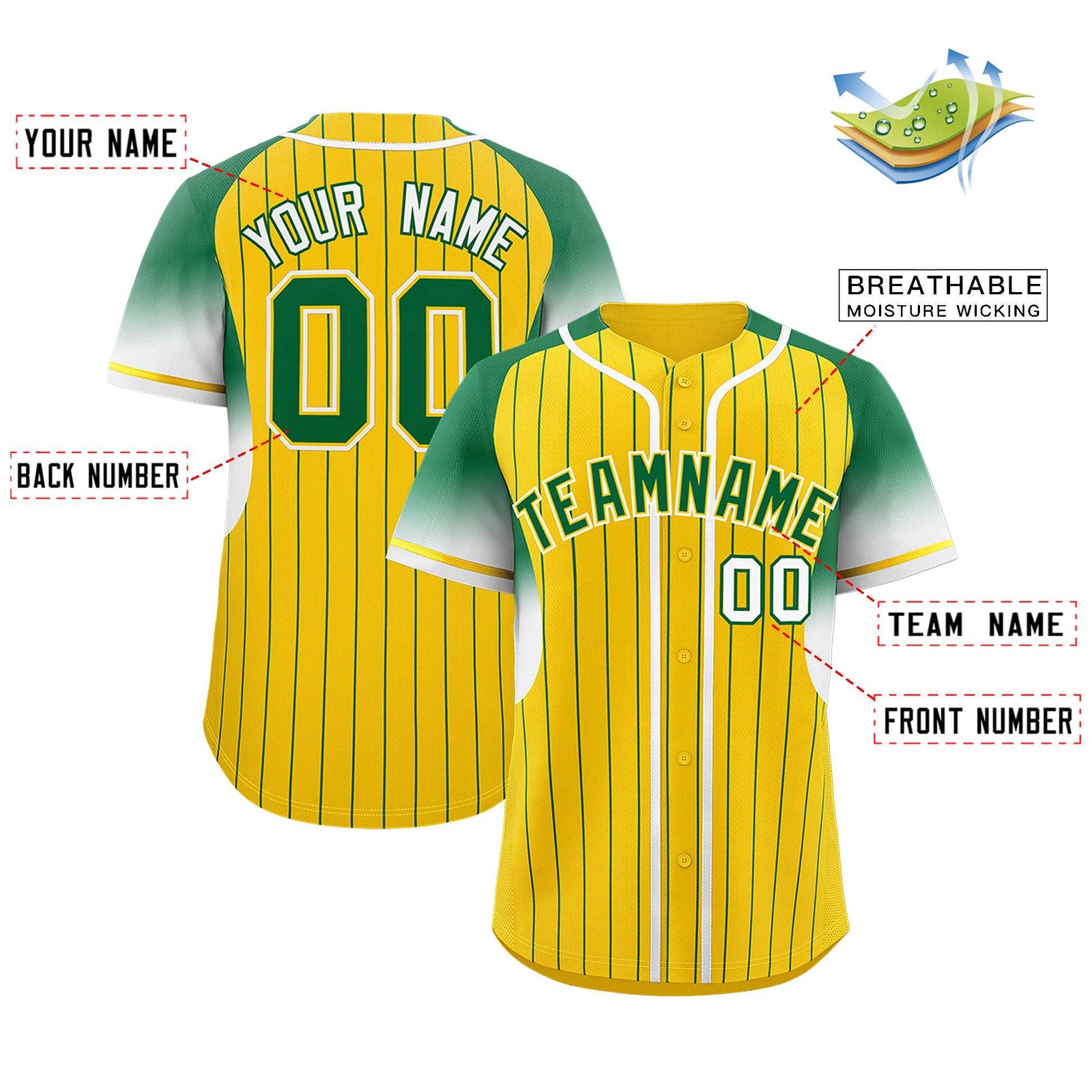 Custom Gold Kelly Green Stripe Fashion Sleeves Gradient Authentic Baseball Jersey