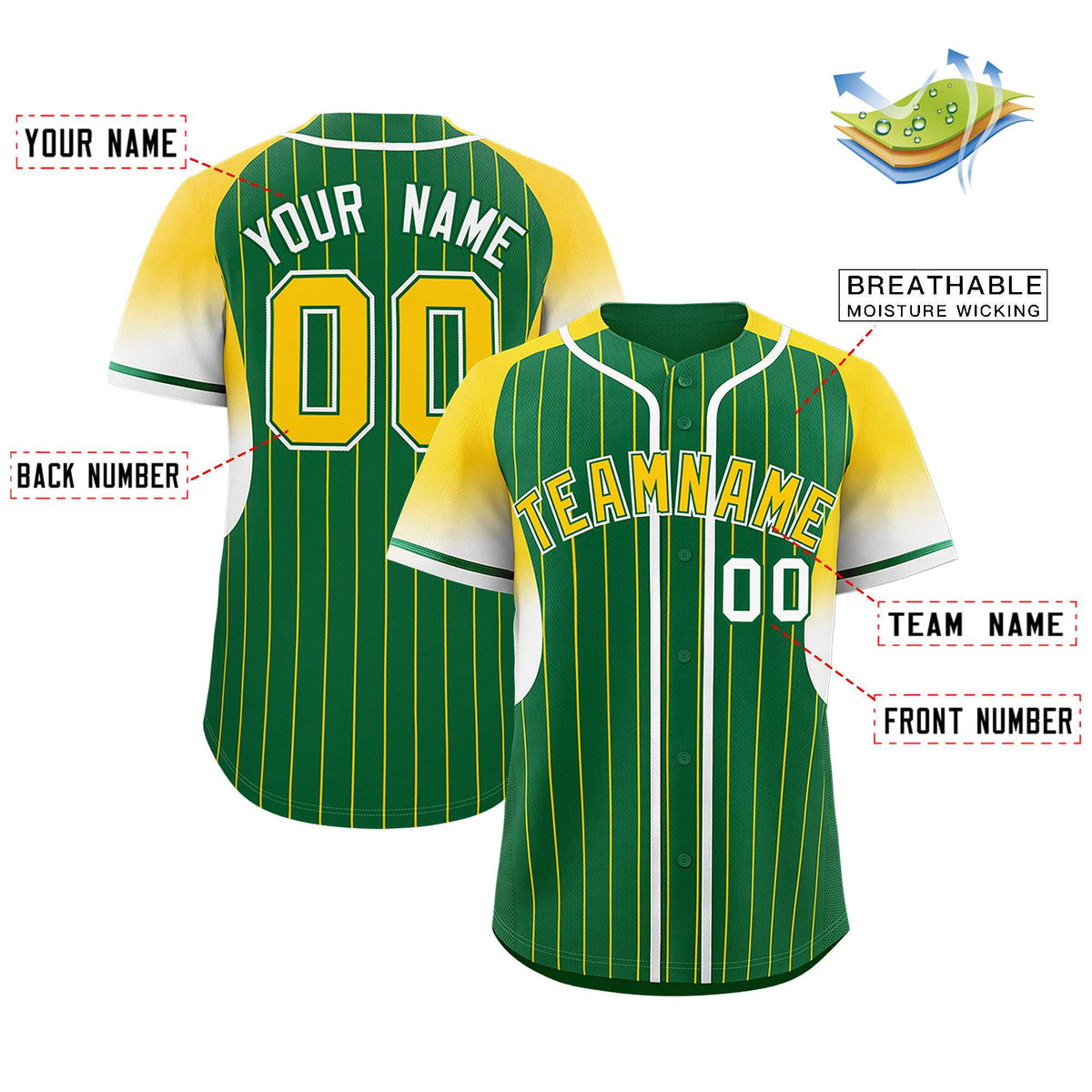 Custom Kelly Green Gold Stripe Fashion Sleeves Gradient Authentic Baseball Jersey