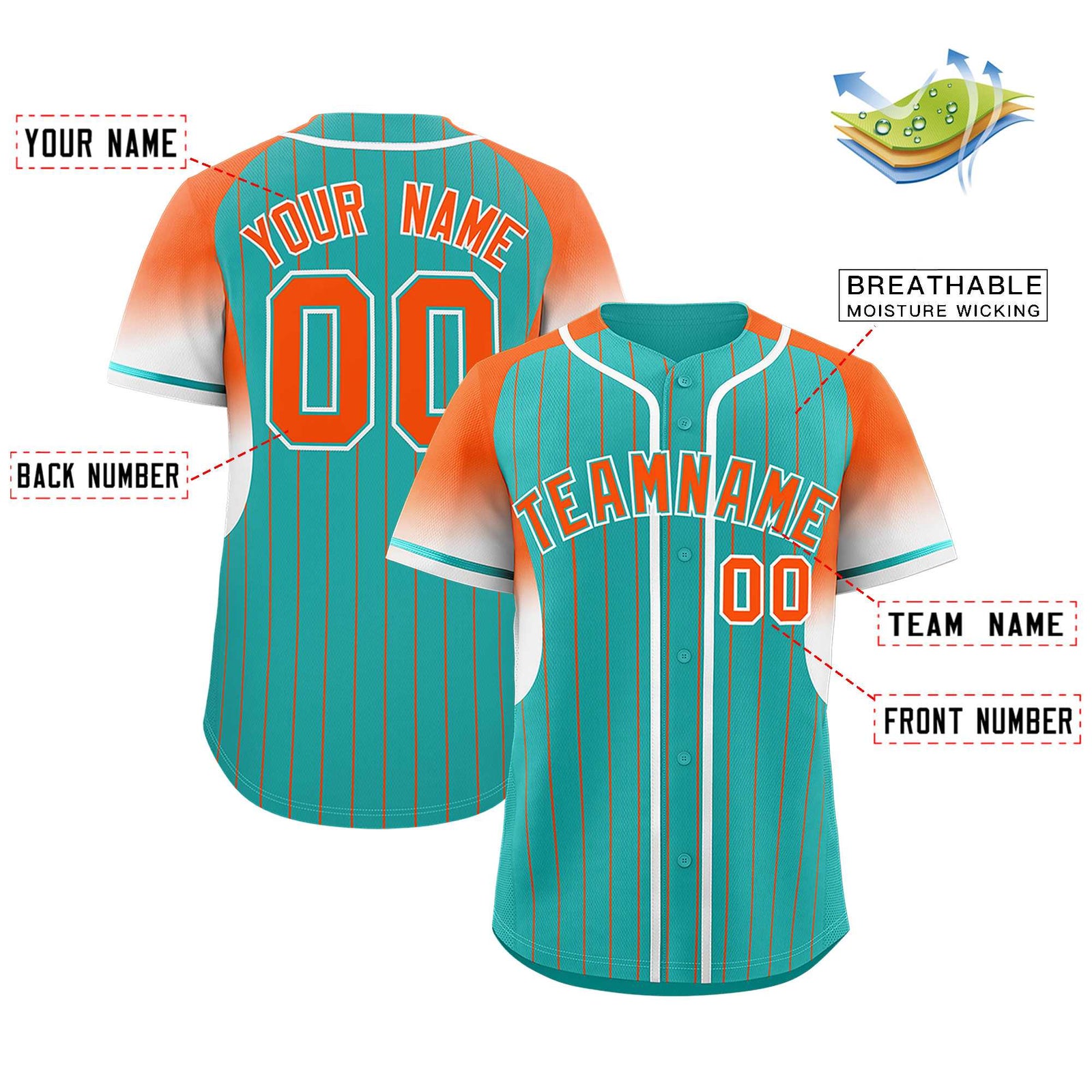 Custom Aqua Orange Stripe Fashion Sleeves Gradient Authentic Baseball Jersey