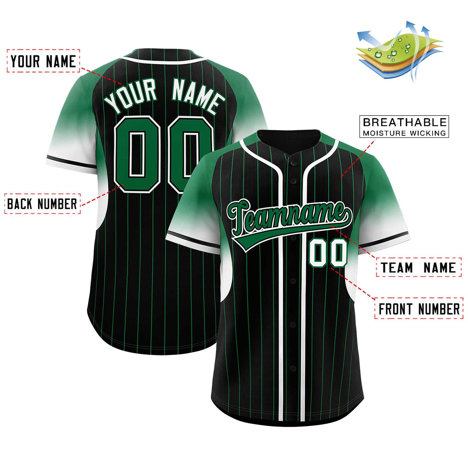 Custom Black Kelly Green Stripe Fashion Sleeves Gradient Authentic Baseball Jersey
