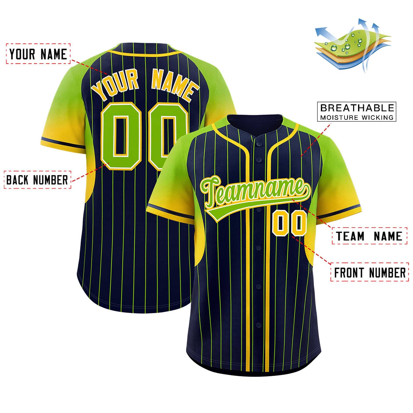Custom Navy Neon Green Stripe Fashion Sleeves Gradient Authentic Baseball Jersey