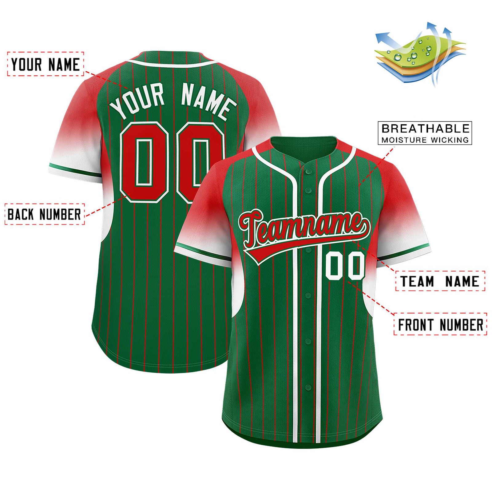 Custom Kelly Green Red Stripe Fashion Sleeves Gradient Authentic Baseball Jersey
