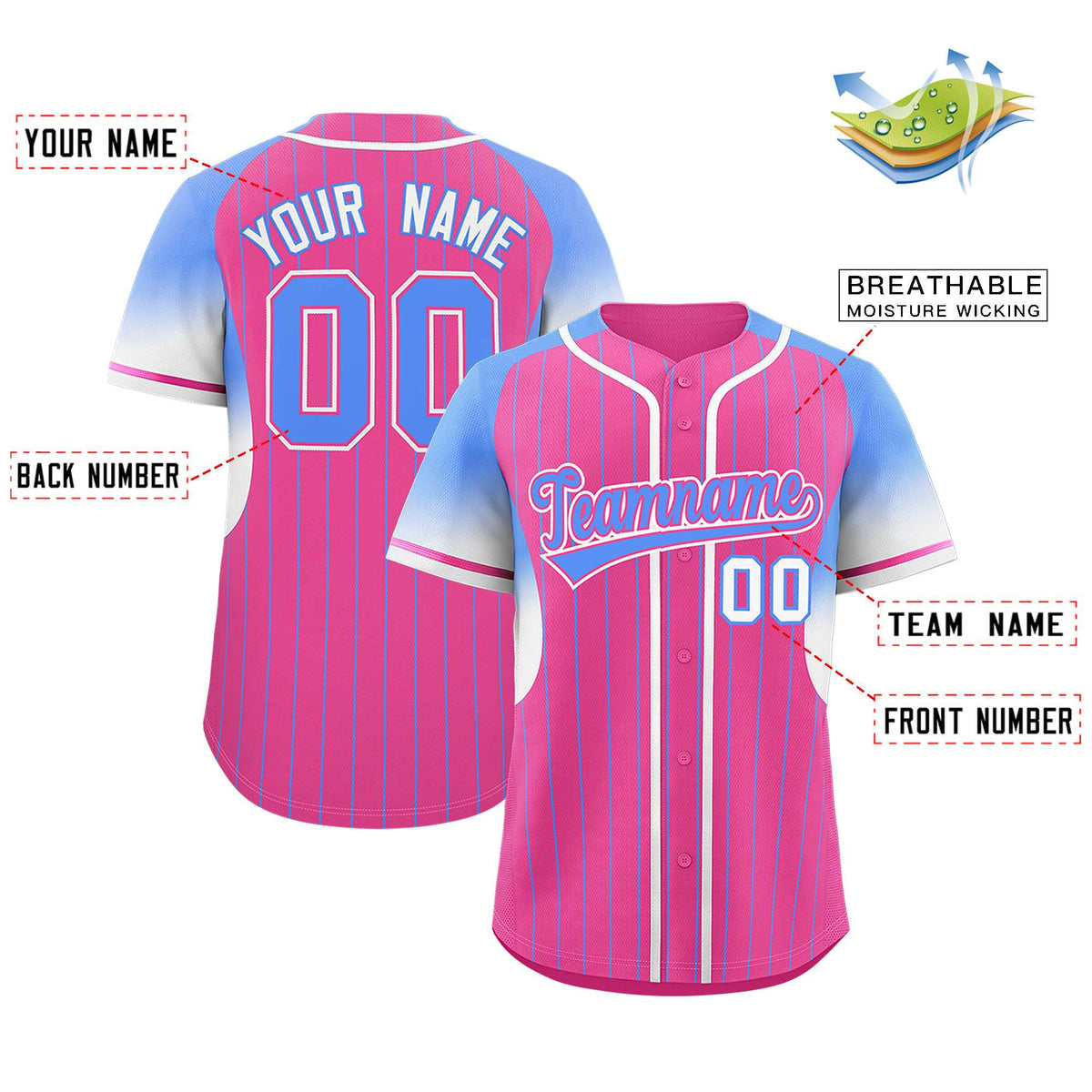 Custom Pink Powder Blue Stripe Fashion Sleeves Gradient Authentic Baseball Jersey