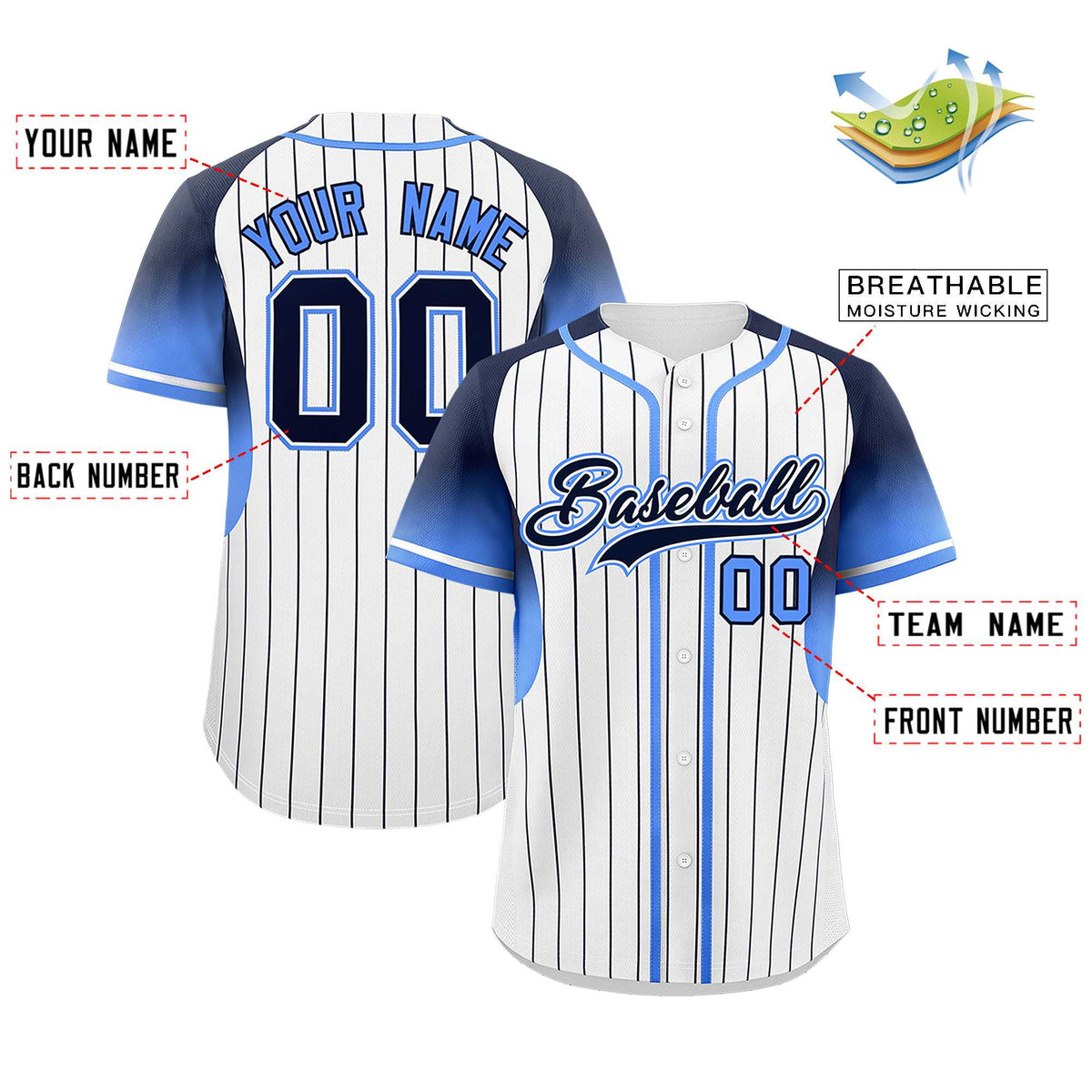 Custom White Navy Stripe Fashion Sleeves Gradient Authentic Baseball Jersey