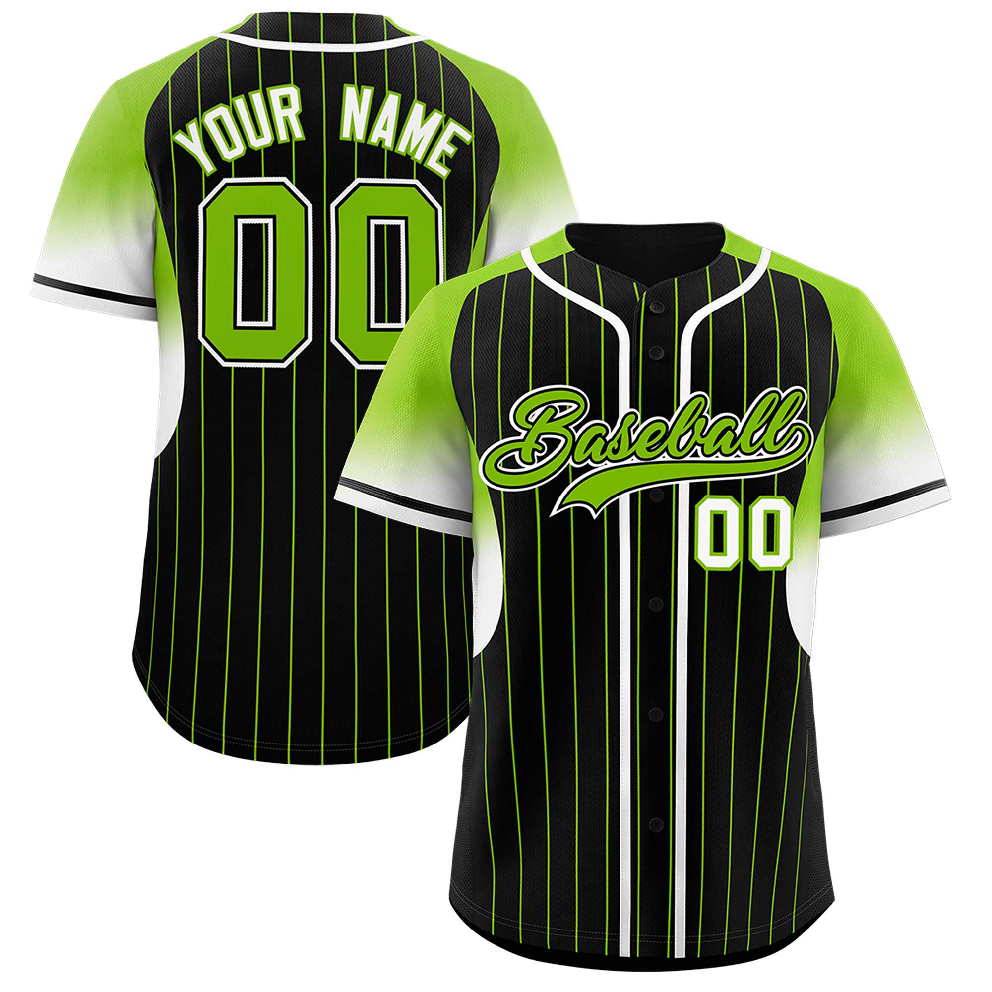 Custom Black Neon Green Stripe Fashion Sleeves Gradient Authentic Baseball Jersey