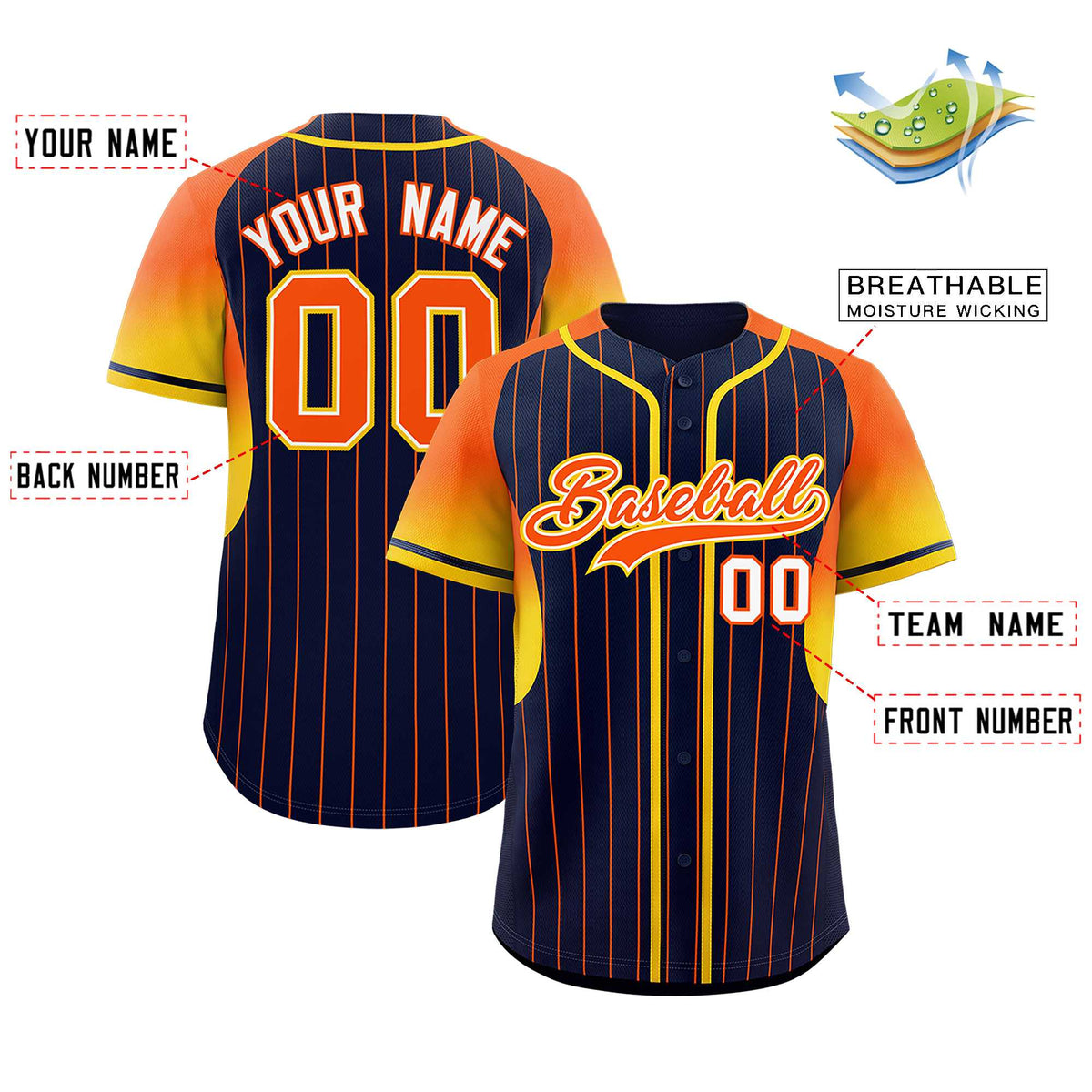 Custom Navy Orange Stripe Fashion Sleeves Gradient Authentic Baseball Jersey