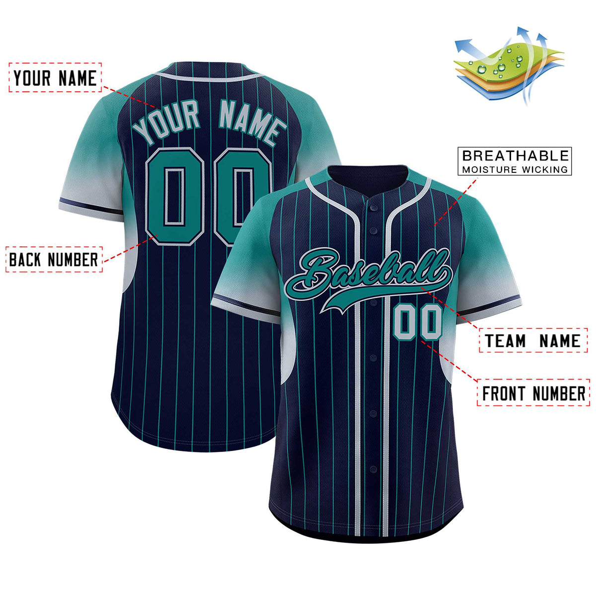 Custom Navy Aqua Stripe Fashion Sleeves Gradient Authentic Baseball Jersey
