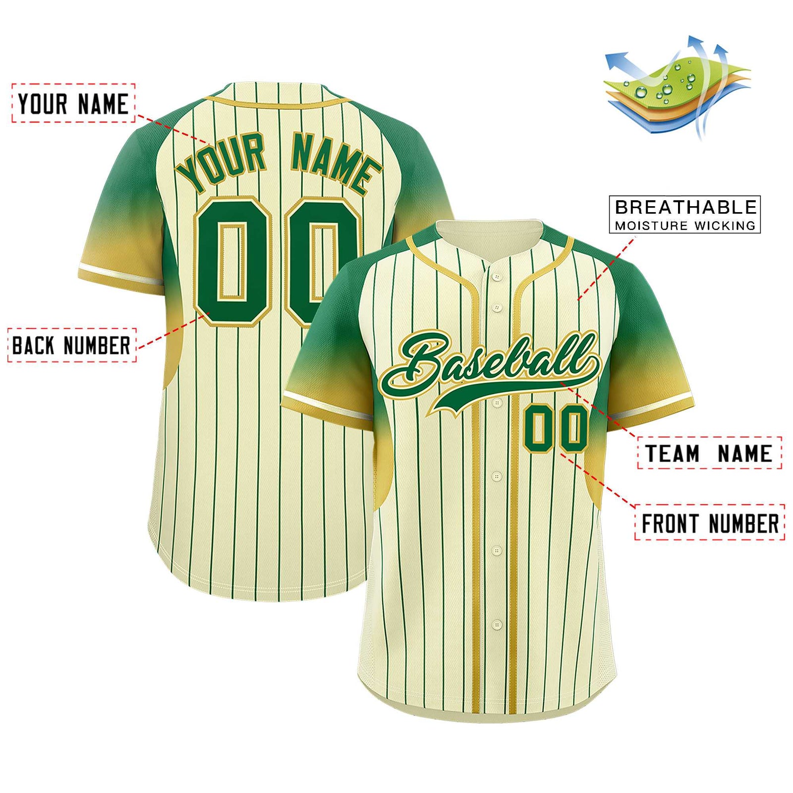 Custom Cream Kelly Green Stripe Fashion Sleeves Gradient Authentic Baseball Jersey
