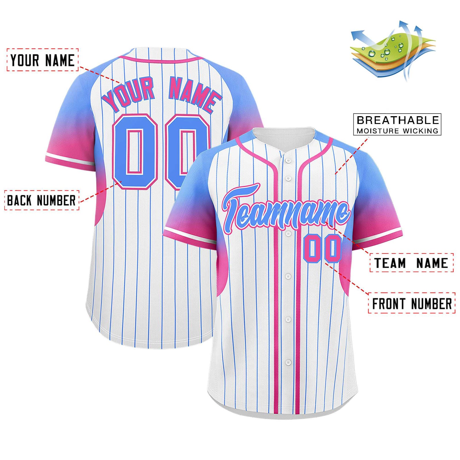 Custom White Powder Blue Stripe Fashion Sleeves Gradient Authentic Baseball Jersey