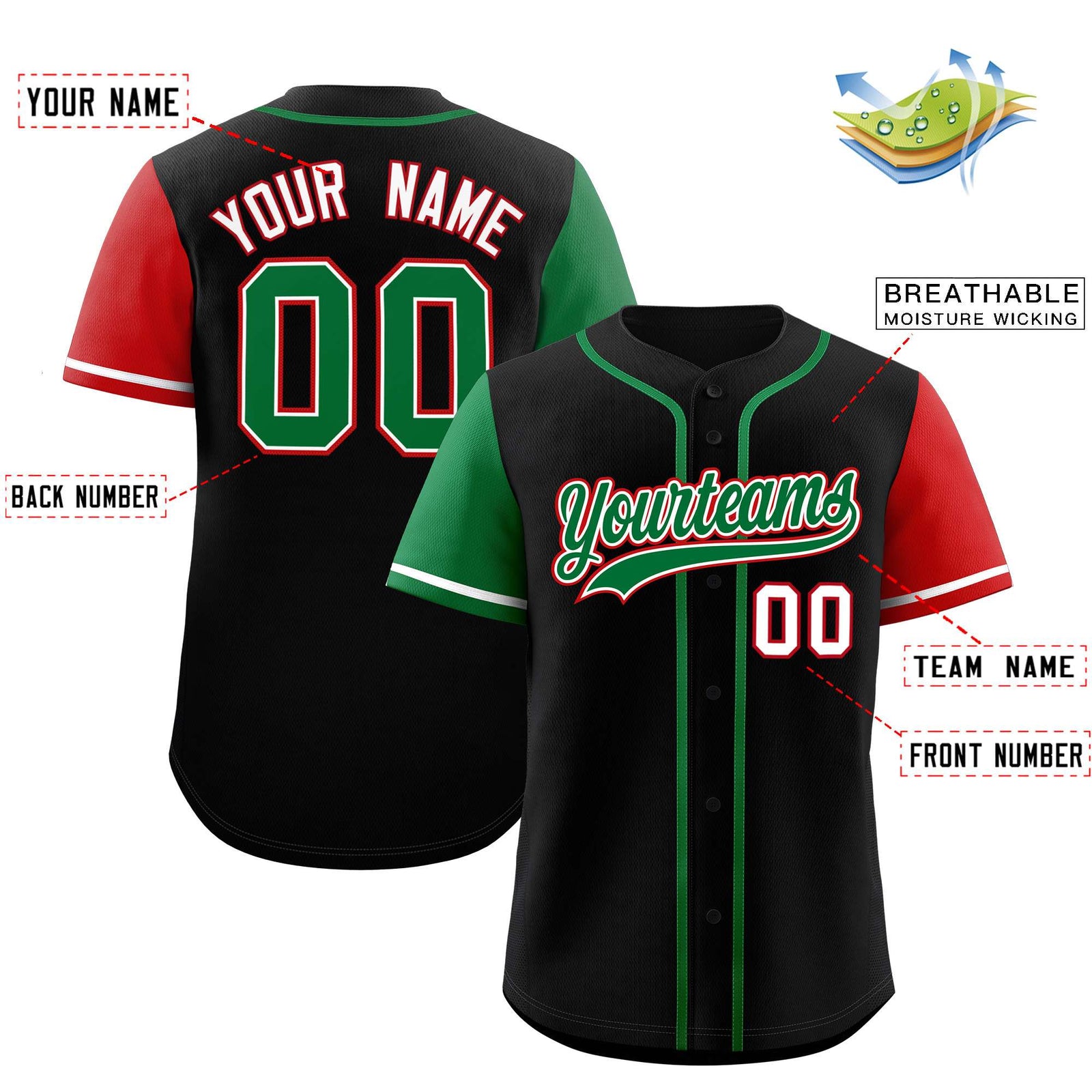 Custom Black Kelly Green and Red Raglan Sleeves Authentic Baseball Jersey