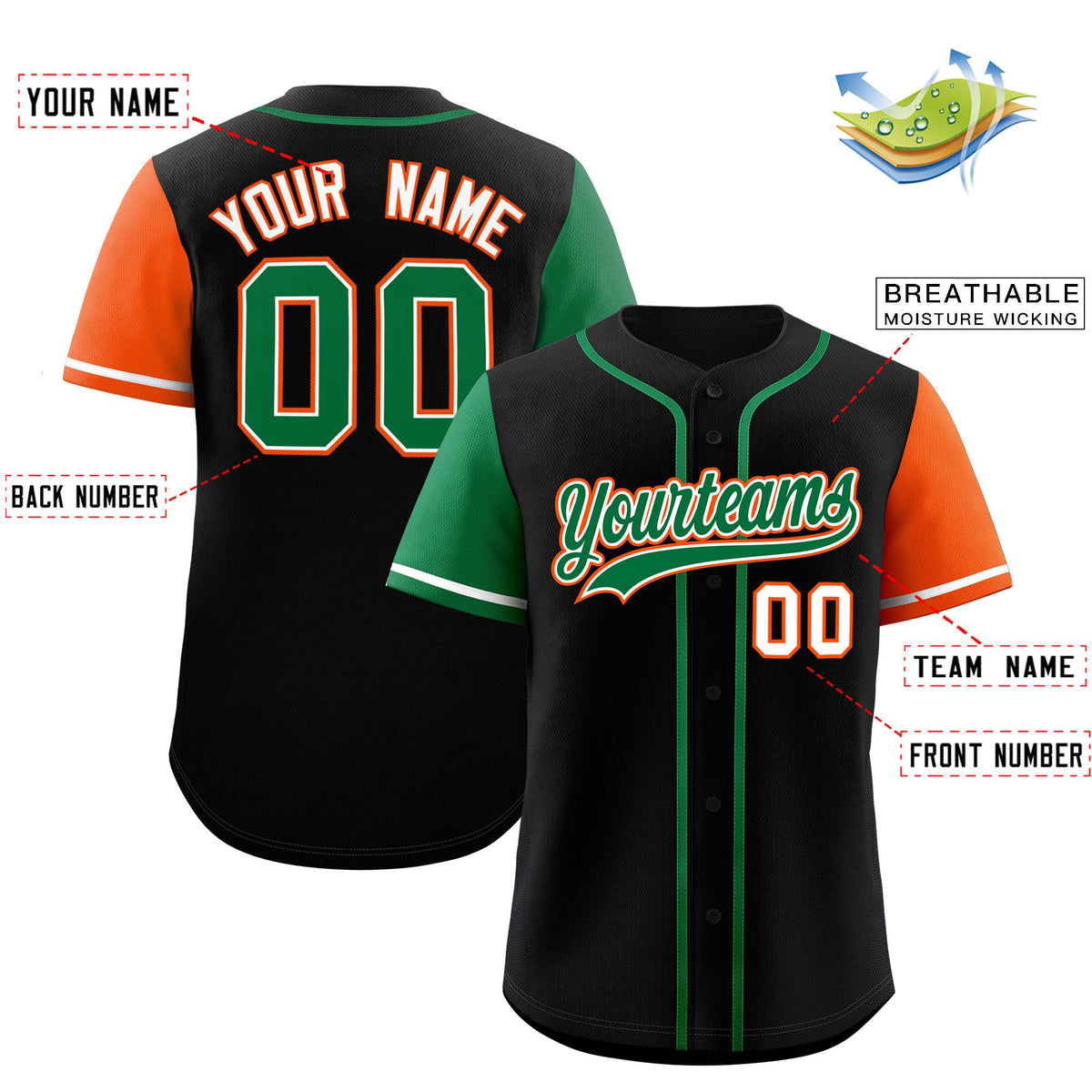 Custom Black Kelly Green and Orange Raglan Sleeves Authentic Baseball Jersey
