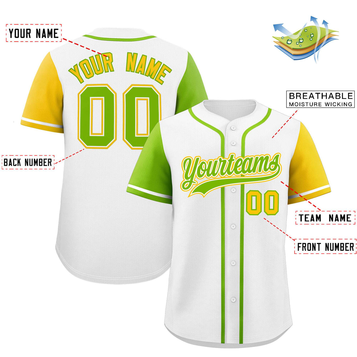 Custom White Neon Green and Gold Raglan Sleeves Authentic Baseball Jersey