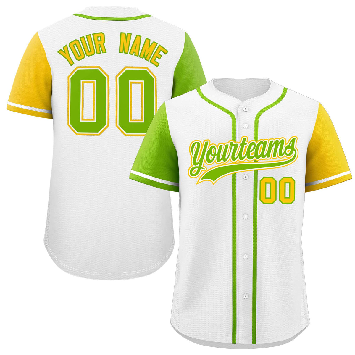 Custom White Neon Green and Gold Raglan Sleeves Authentic Baseball Jersey