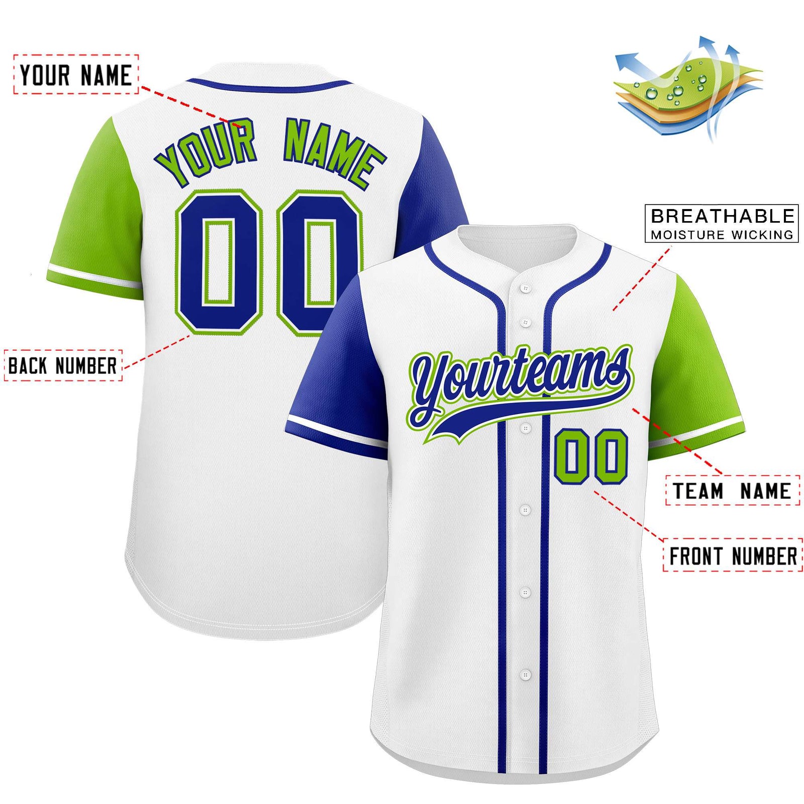 Custom White Royal and Neon Green Raglan Sleeves Authentic Baseball Jersey