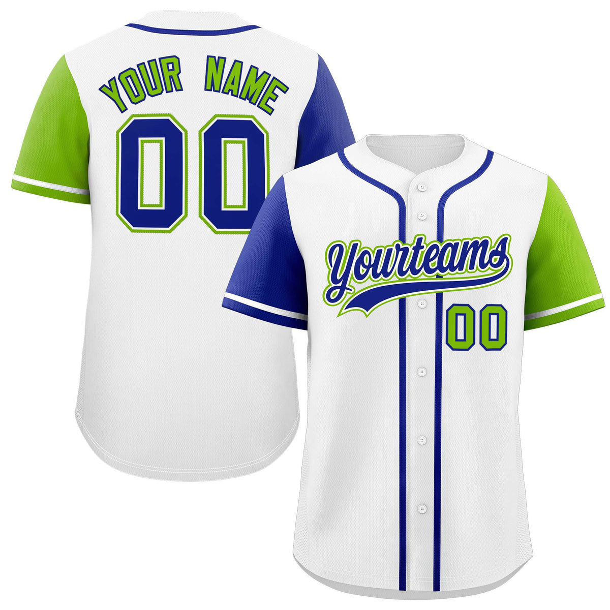 Custom White Royal and Neon Green Raglan Sleeves Authentic Baseball Jersey