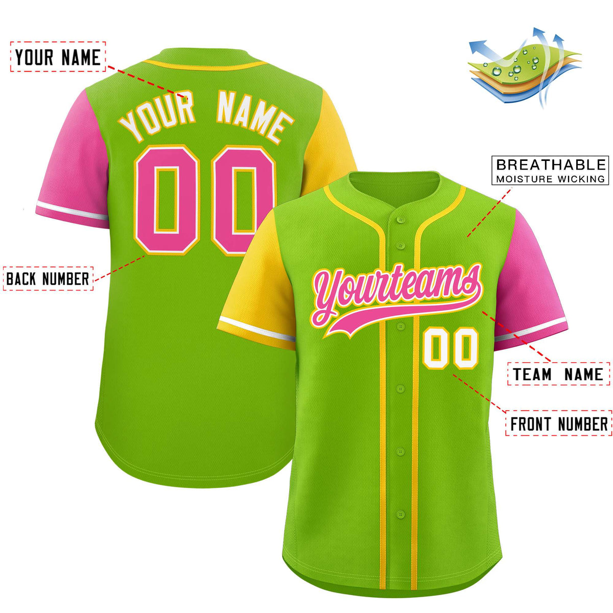 Custom Neon Green Gold and Pink Raglan Sleeves Authentic Baseball Jersey