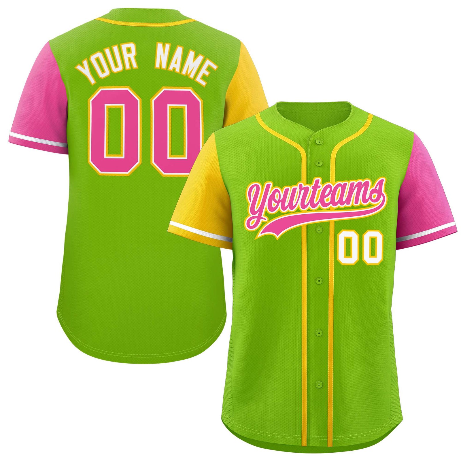 Custom Neon Green Gold and Pink Raglan Sleeves Authentic Baseball Jersey