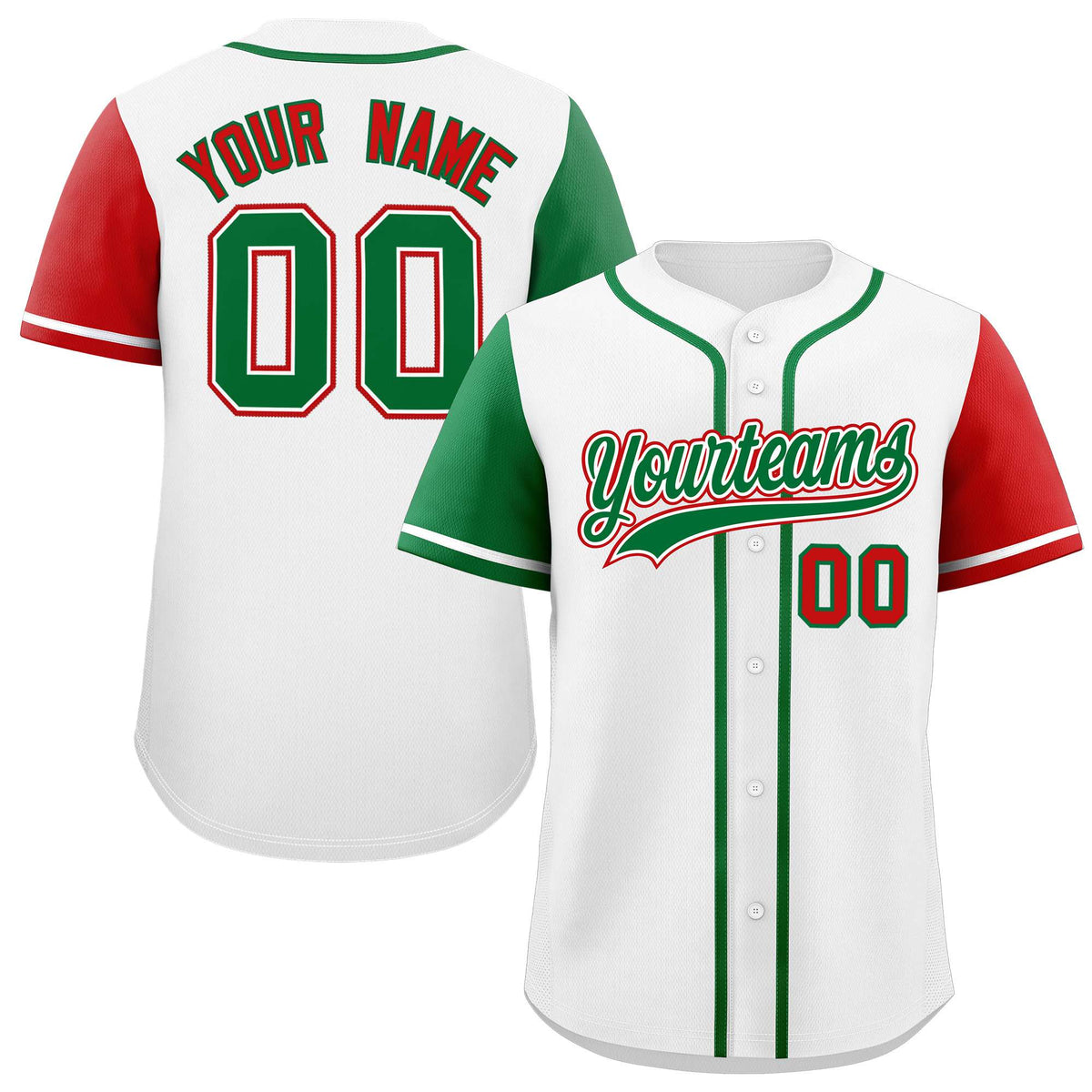 Custom White Kelly Green and Red Raglan Sleeves Authentic Baseball Jersey