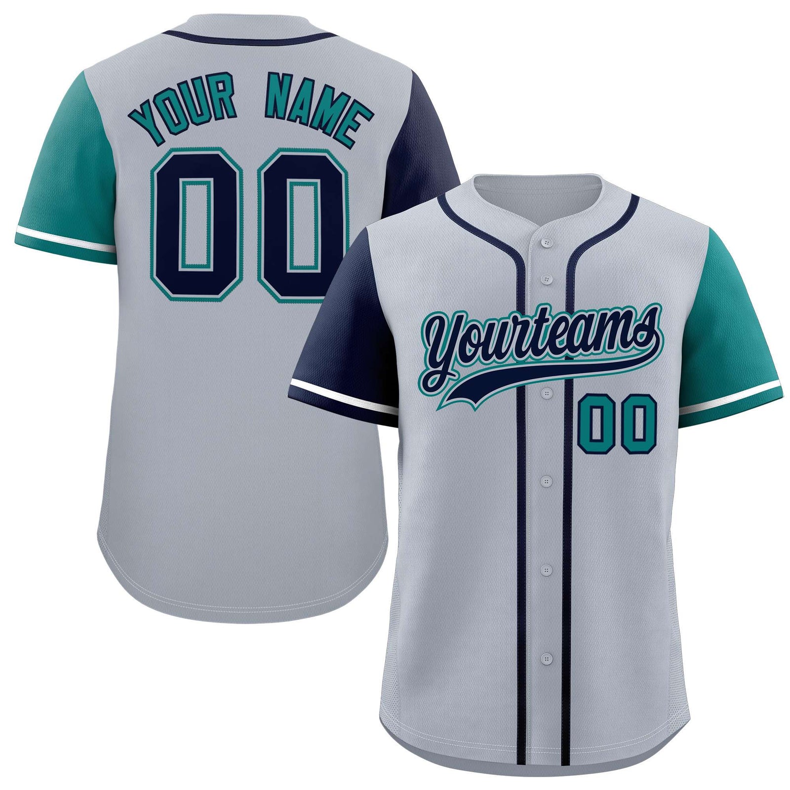 Custom Silver Navy and Aqua Raglan Sleeves Authentic Baseball Jersey
