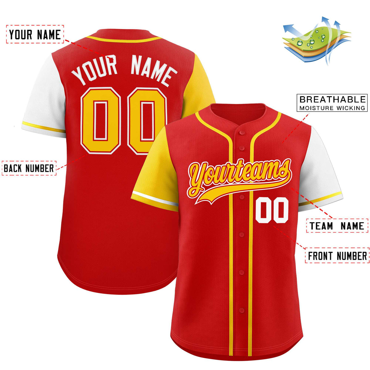 Custom Red Gold and White Raglan Sleeves Authentic Baseball Jersey