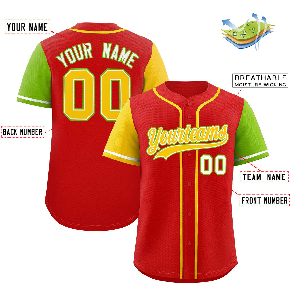 Custom Red Gold and Neon Green Raglan Sleeves Authentic Baseball Jersey