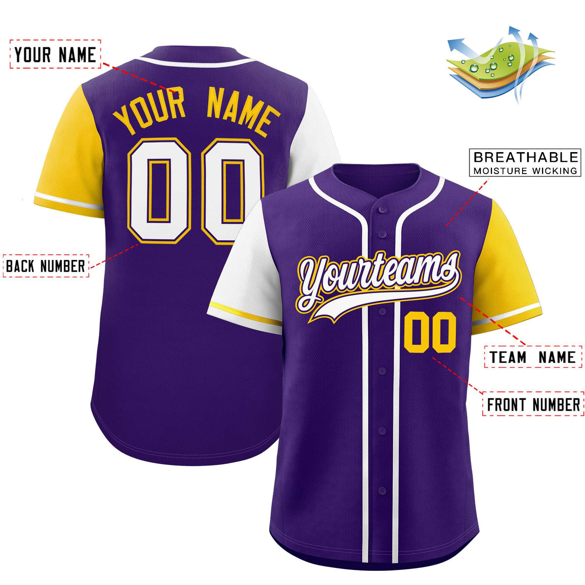 Custom Purple White and Gold Raglan Sleeves Authentic Baseball Jersey